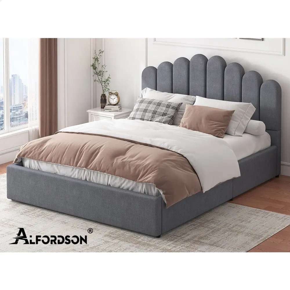 Alfordson Bed Frame Queen Size Gas Lift Storage Base Wooden Grey MILTON