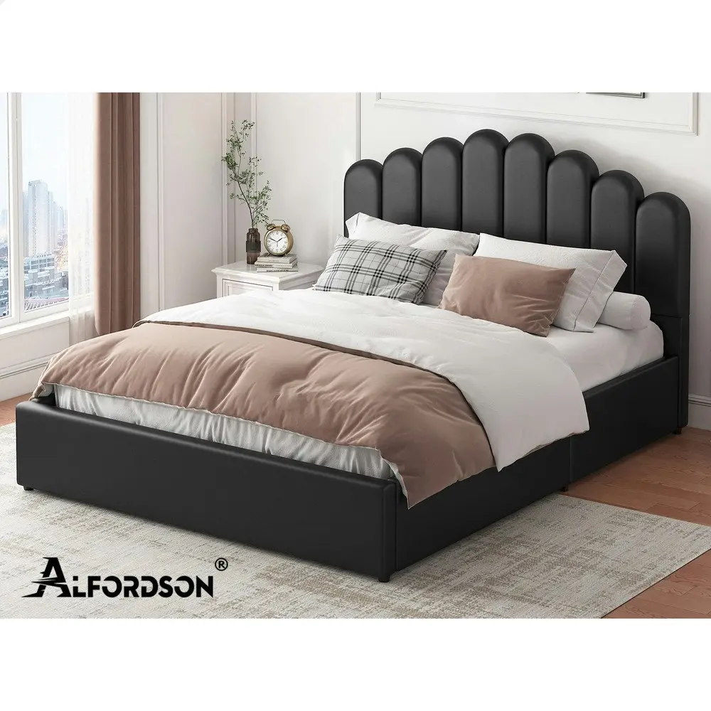 Alfordson Bed Frame Double Size Gas Lift Storage Base Wooden Black MILTON