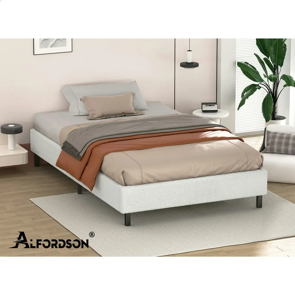 Alfordson Bed Frame Single Size Mattress Base Foundation White Boucle BASEL