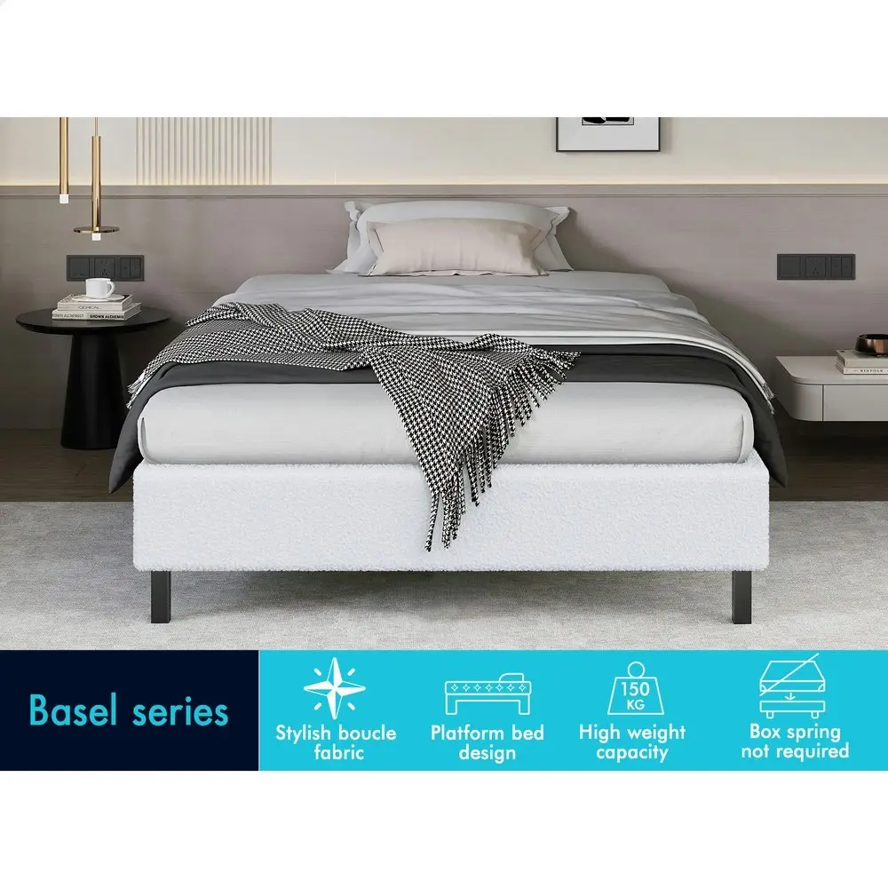 Alfordson Bed Frame Single Size Mattress Base Foundation White Boucle BASEL