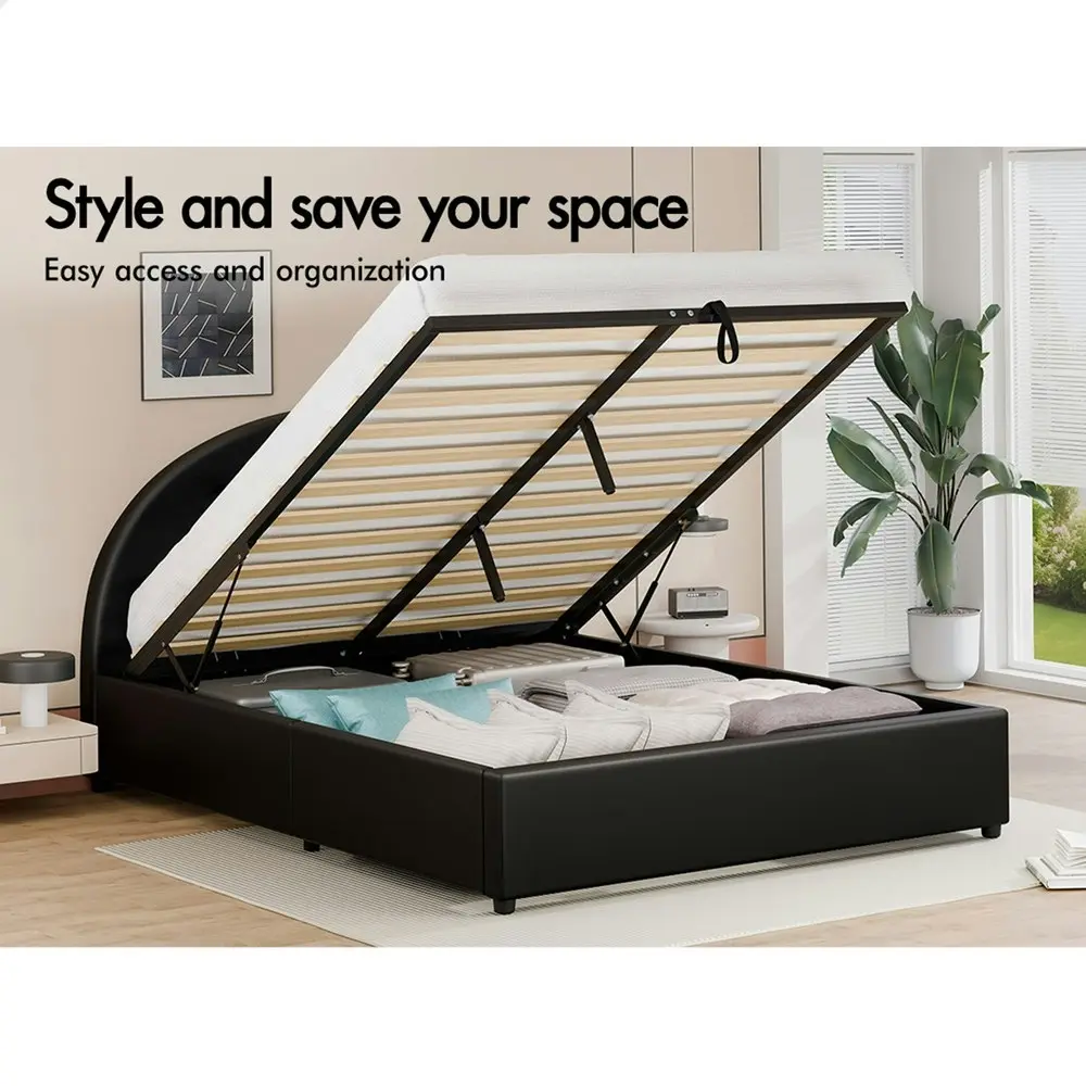 Alfordson Bed Frame Double Size Gas Lift Base With Storage Black Leather HOWELL