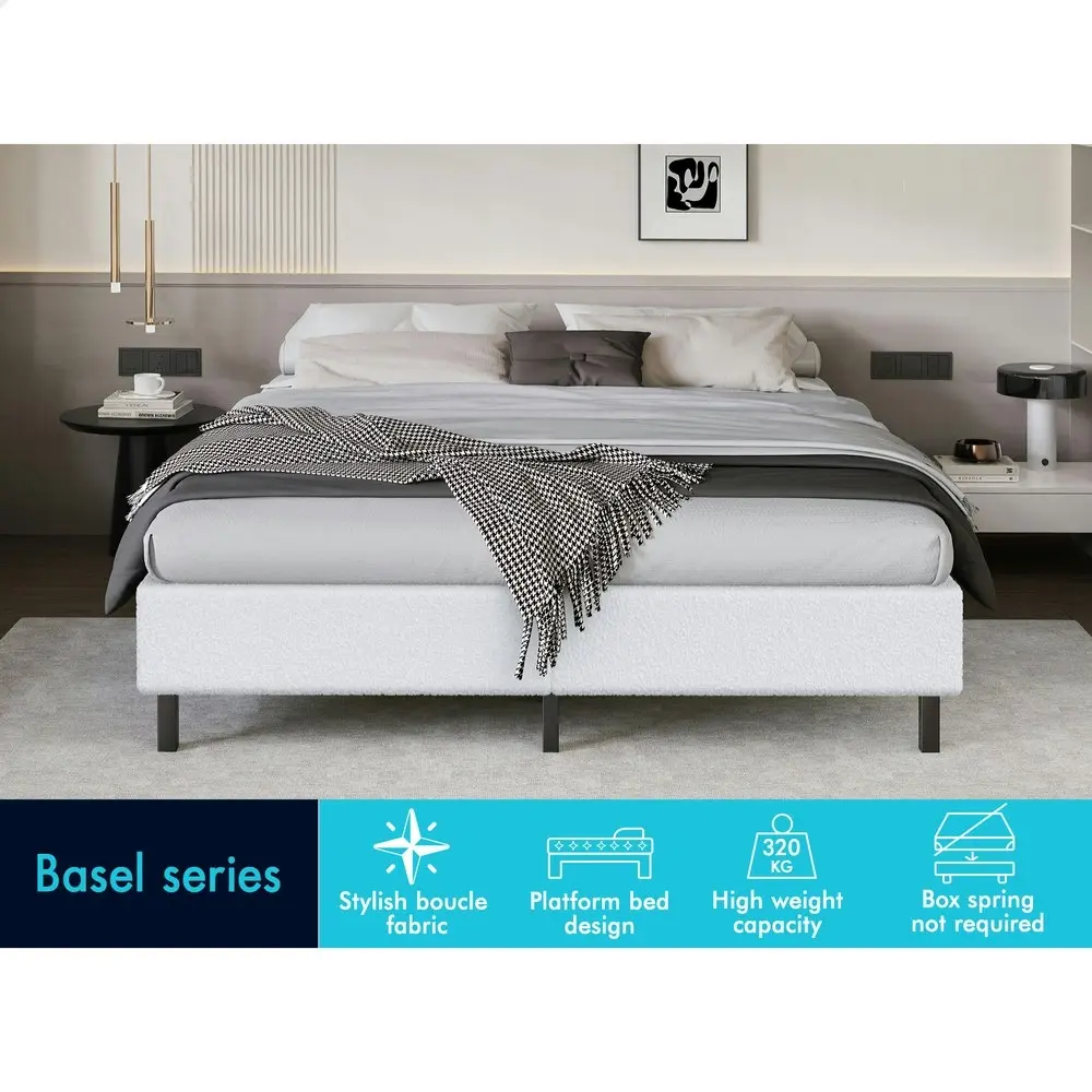 Alfordson Bed Frame Double Size Mattress Base Foundation White Boucle BASEL