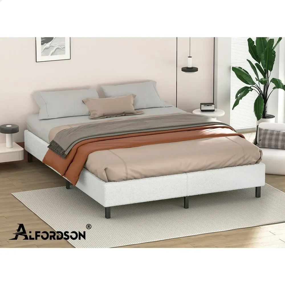 Alfordson Bed Frame Double Size Mattress Base Foundation White Boucle BASEL