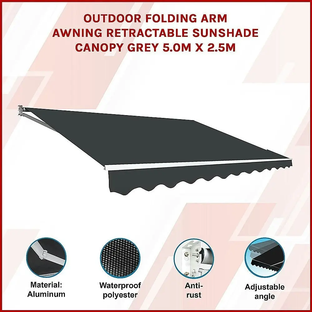 Outdoor Folding Arm Awning Retractable Sunshade Canopy Grey 5.0M X 2.5M