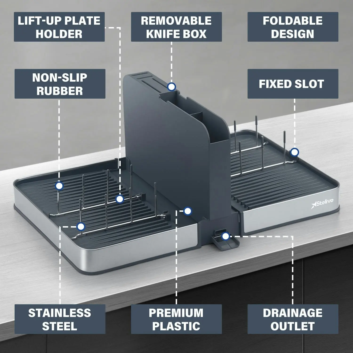 Stelive Foldable Dish Drying Rack with Dual Parts for Kitchen Counter Space-Saving Rack - Rustproof Removable Utensil Drainer & Drainage Spout, Gray