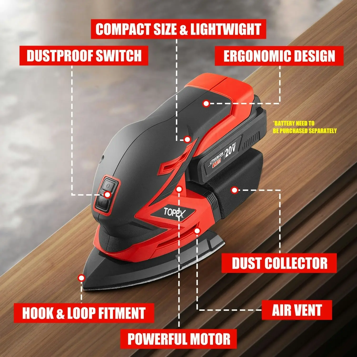 Topex 20V Cordless Detail Sander Electric Detail Sander Handheld Sanding Machine Small Triangular Palm Sander (Battery & Charger not included)