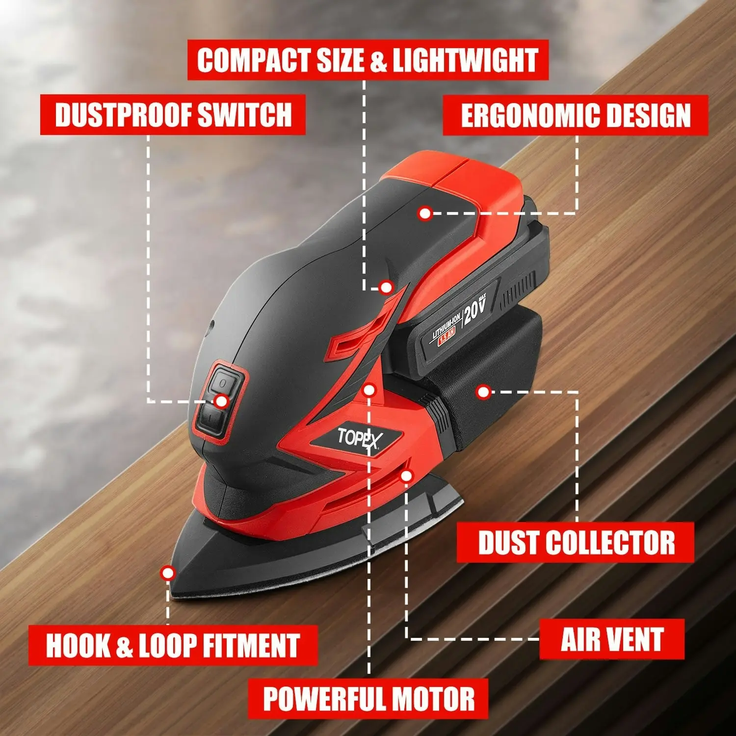 Topex 20V Cordless Detail Sander Electric Detail Sander Handheld Sanding Machine Small Triangular Palm Sander with Sandpaper & Dust Bag