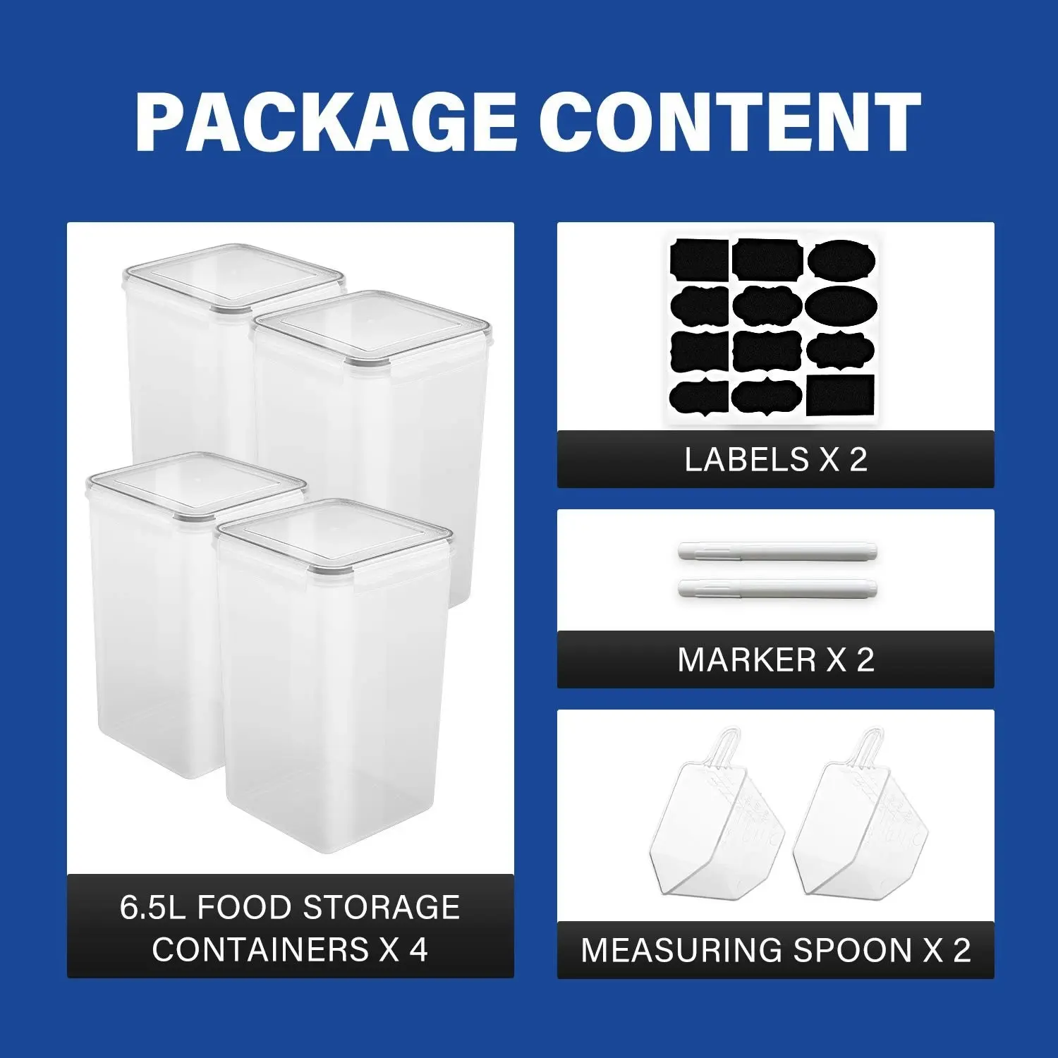 Stelive 4-Piece 6.5L Food Storage Containers Airtight Pantry Storage Containers Organiser Plastic Food Canisters Plastic Canisters w/ Labels & Pen