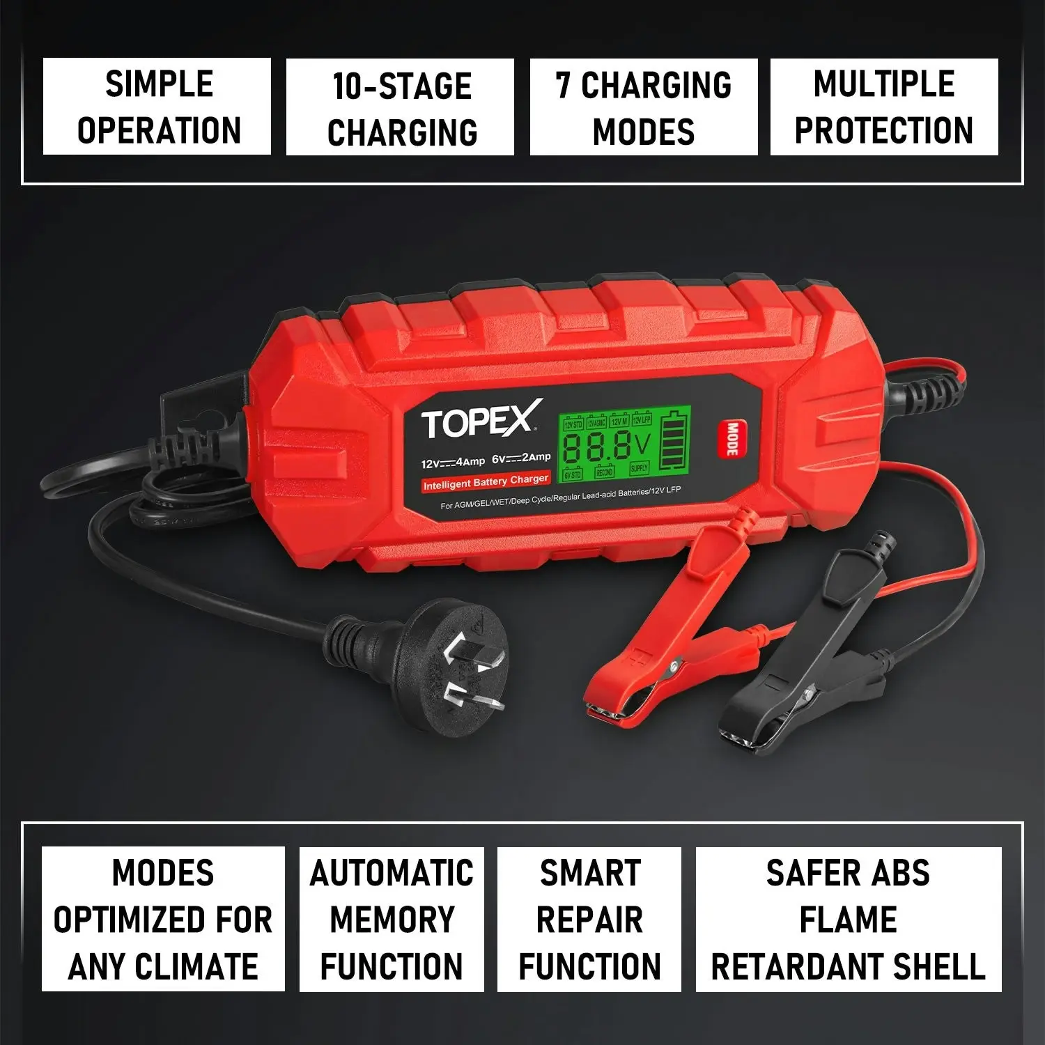 Topex Car Battery Charger, 4A 6V/12V Smart Automatic Battery Charger Maintainer with LCD Display for Lead Acid, LiFePo4 Battery in Truck, Motorcycle