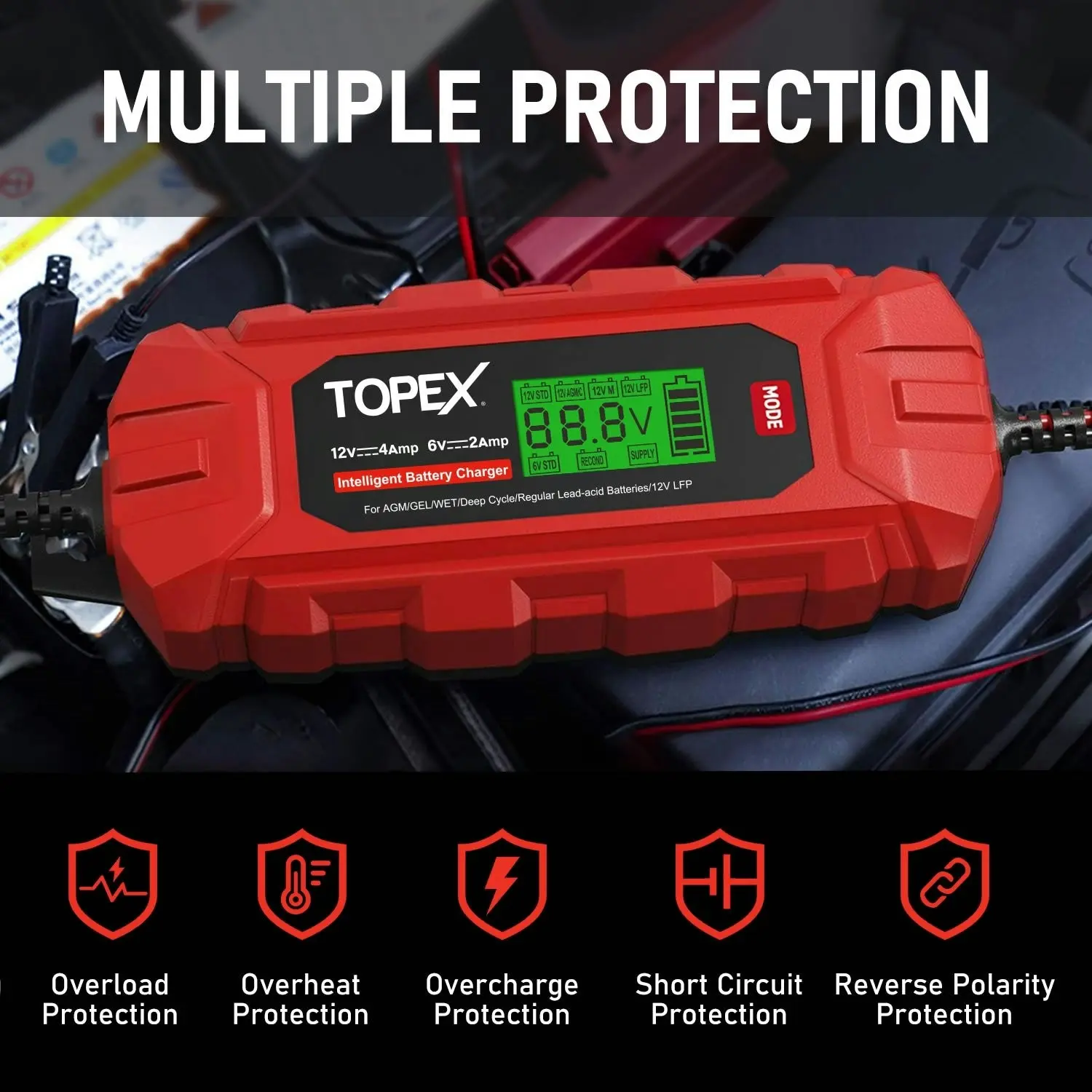 Topex Car Battery Charger, 4A 6V/12V Smart Automatic Battery Charger Maintainer with LCD Display for Lead Acid, LiFePo4 Battery in Truck, Motorcycle