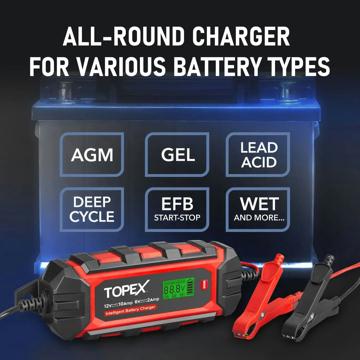 Topex Car Battery Charger, 10A 6V/12V Smart Automatic Battery Charger Maintainer with LCD Display for Lead Acid, LiFePo4 Battery in Truck, Motorcycle