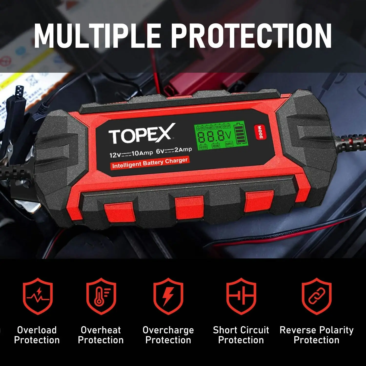 Topex Car Battery Charger, 10A 6V/12V Smart Automatic Battery Charger Maintainer with LCD Display for Lead Acid, LiFePo4 Battery in Truck, Motorcycle