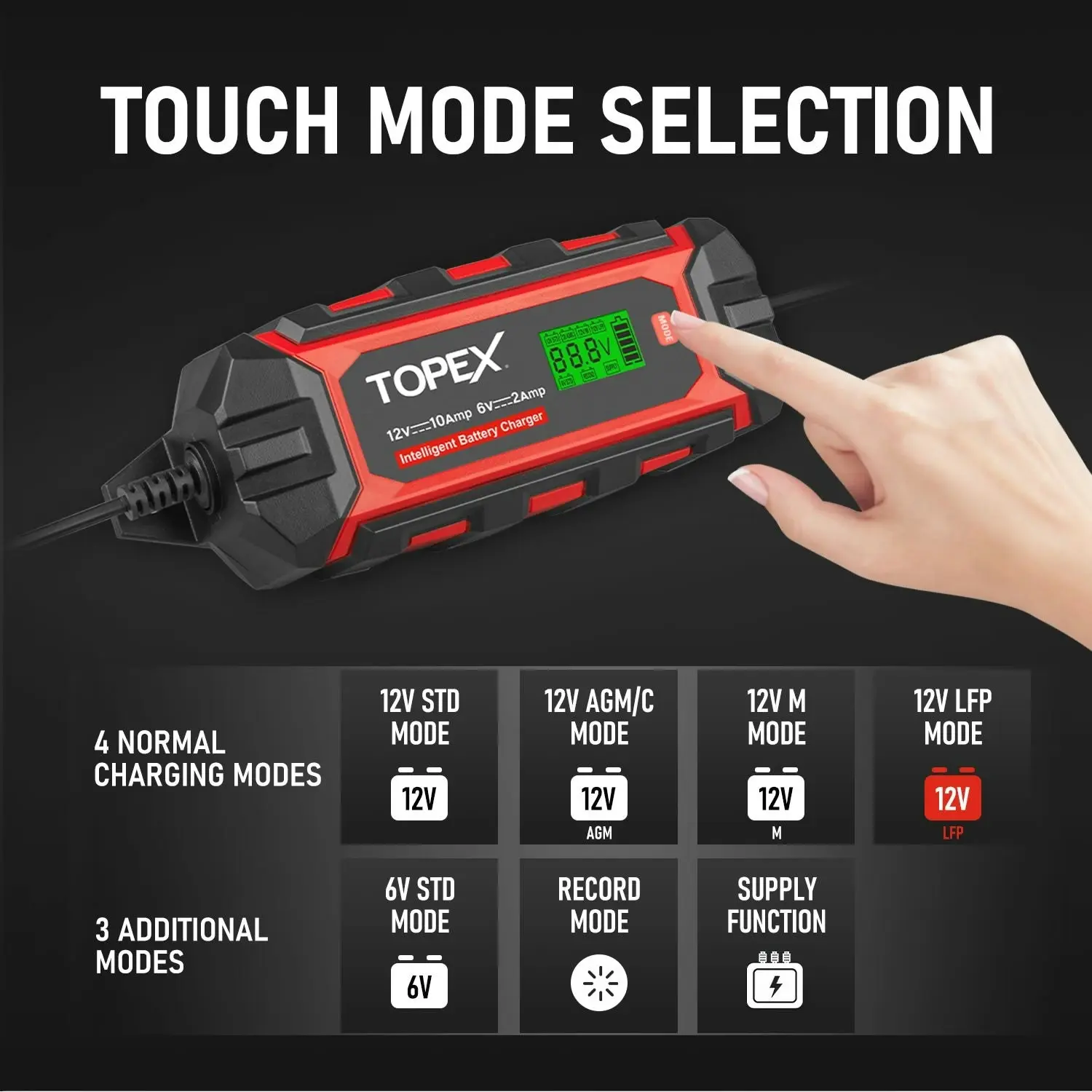 Topex Car Battery Charger, 10A 6V/12V Smart Automatic Battery Charger Maintainer with LCD Display for Lead Acid, LiFePo4 Battery in Truck, Motorcycle