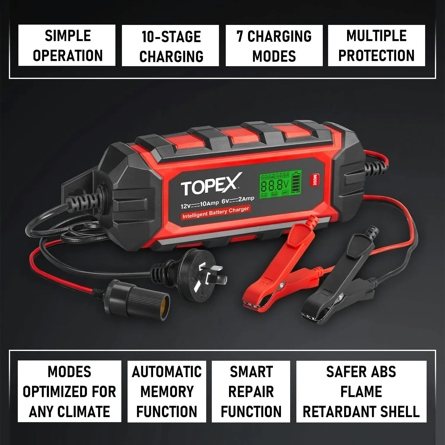 Topex Car Battery Charger, 10A 6V/12V Smart Automatic Battery Charger Maintainer with LCD Display for Lead Acid, LiFePo4 Battery in Truck, Motorcycle