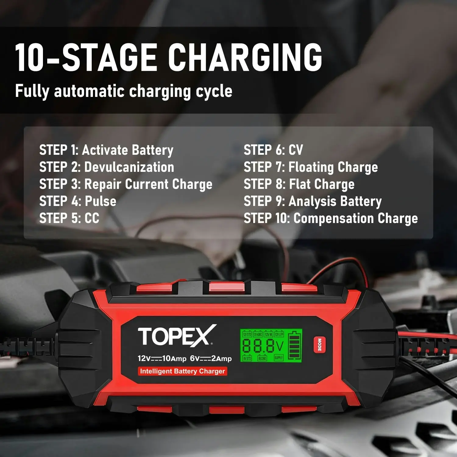 Topex Car Battery Charger, 10A 6V/12V Smart Automatic Battery Charger Maintainer with LCD Display for Lead Acid, LiFePo4 Battery in Truck, Motorcycle