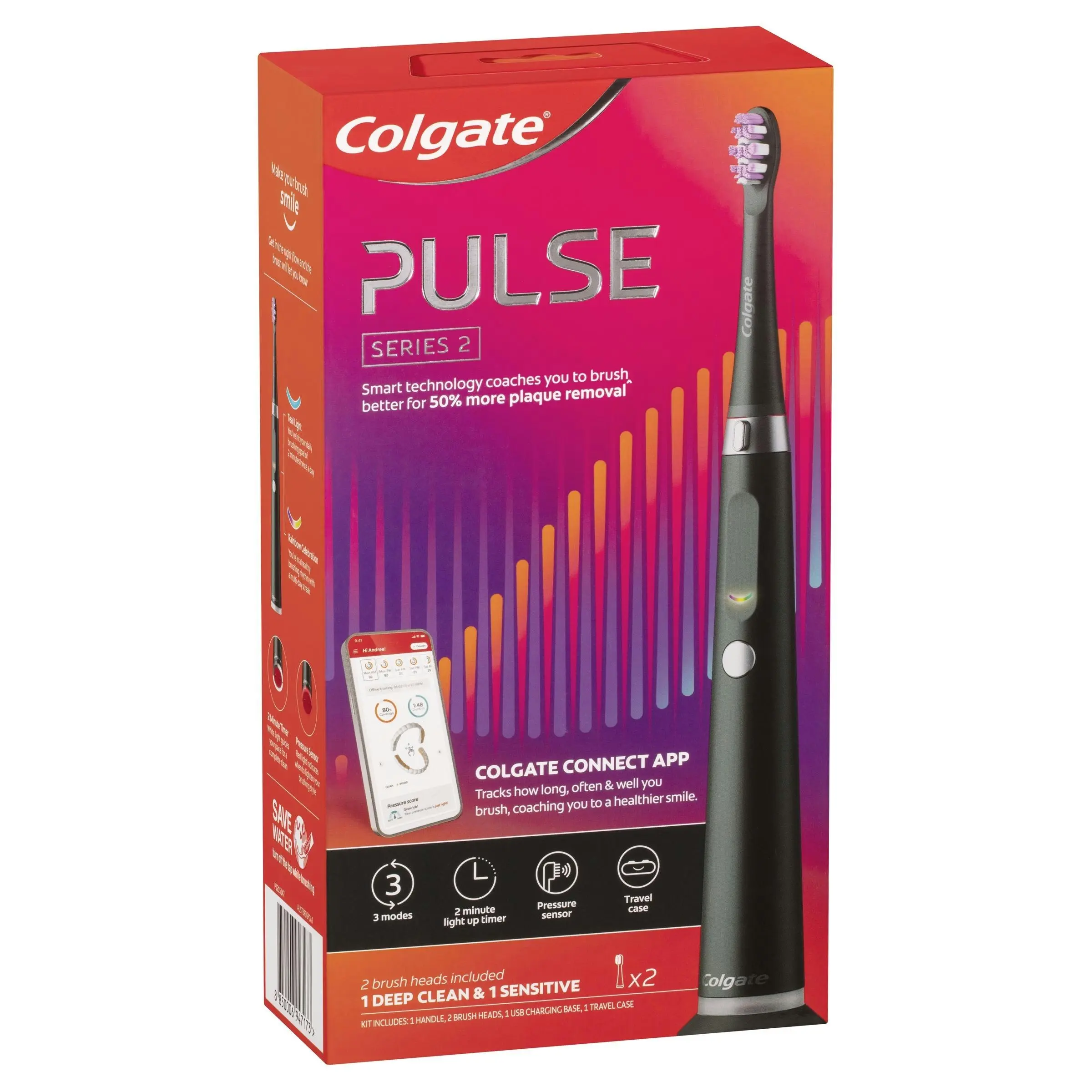 Colgate Pulse Connected Series 2 Deep Clean & Sensitive Electric Toothbrush, 1 Pack with 2 Refill Heads, Plaque Removal