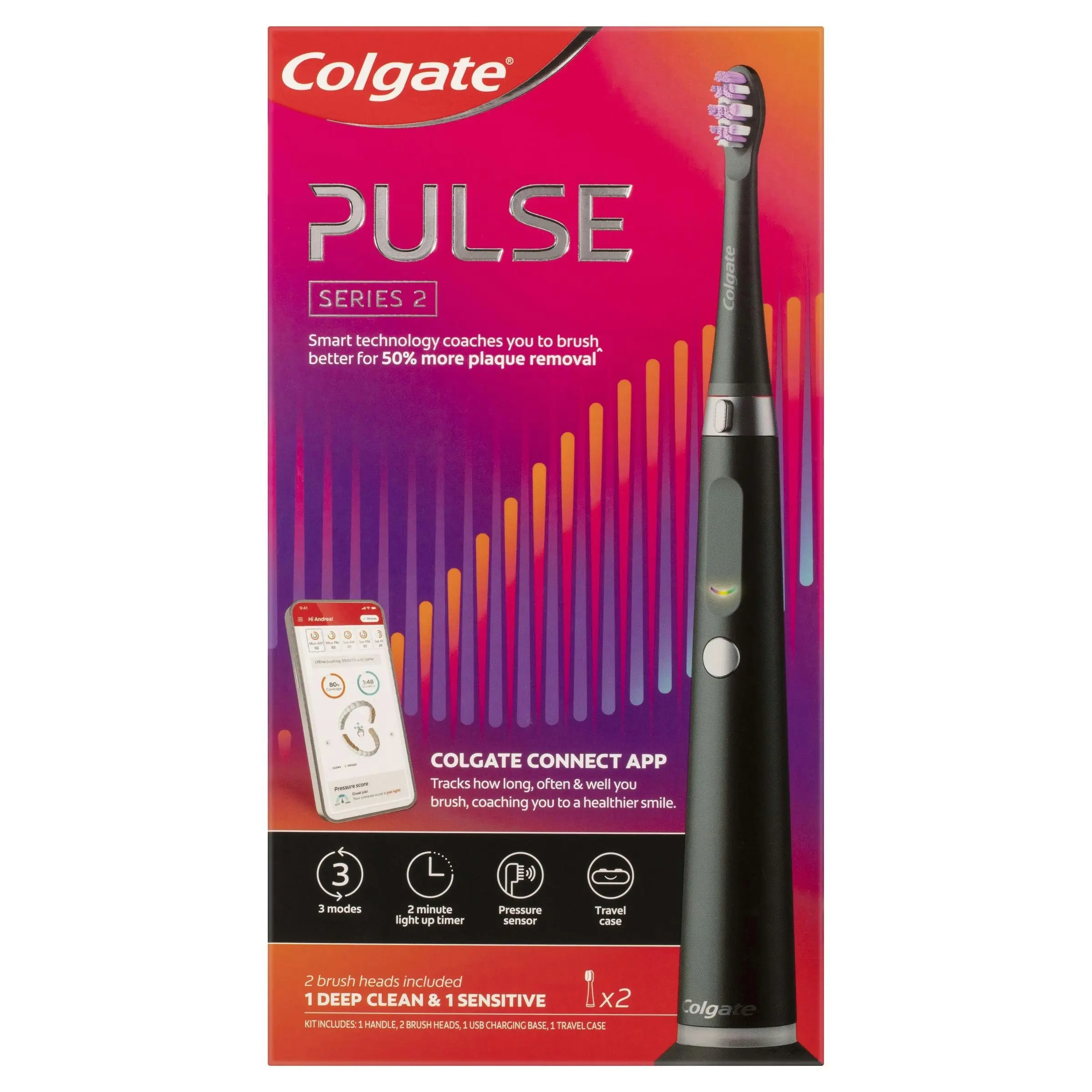 Colgate Pulse Connected Series 2 Deep Clean & Sensitive Electric Toothbrush, 1 Pack with 2 Refill Heads, Plaque Removal