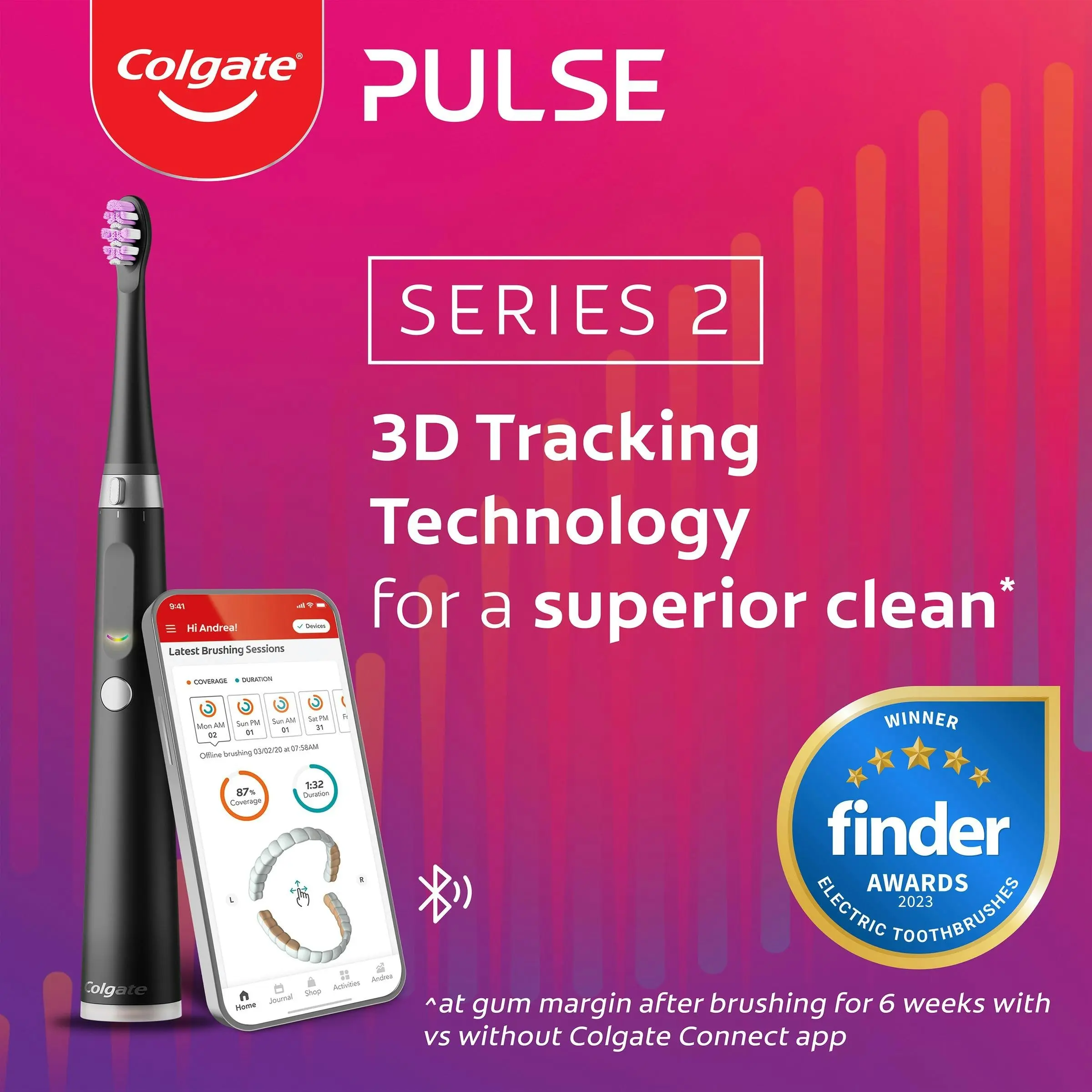 Colgate Pulse Connected Series 2 Deep Clean & Sensitive Electric Toothbrush, 1 Pack with 2 Refill Heads, Plaque Removal