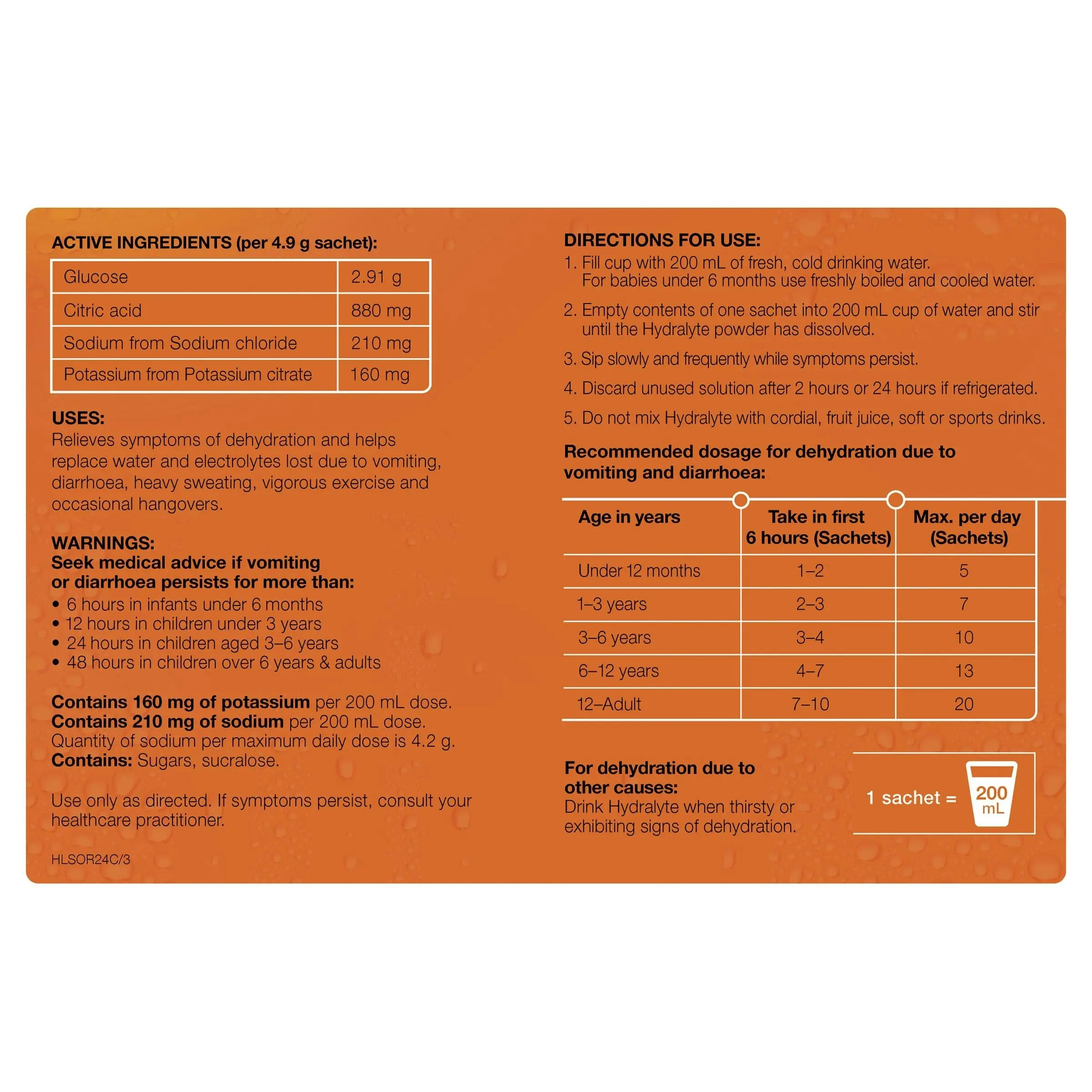 Hydralyte Electrolyte Powder Orange 24 pack