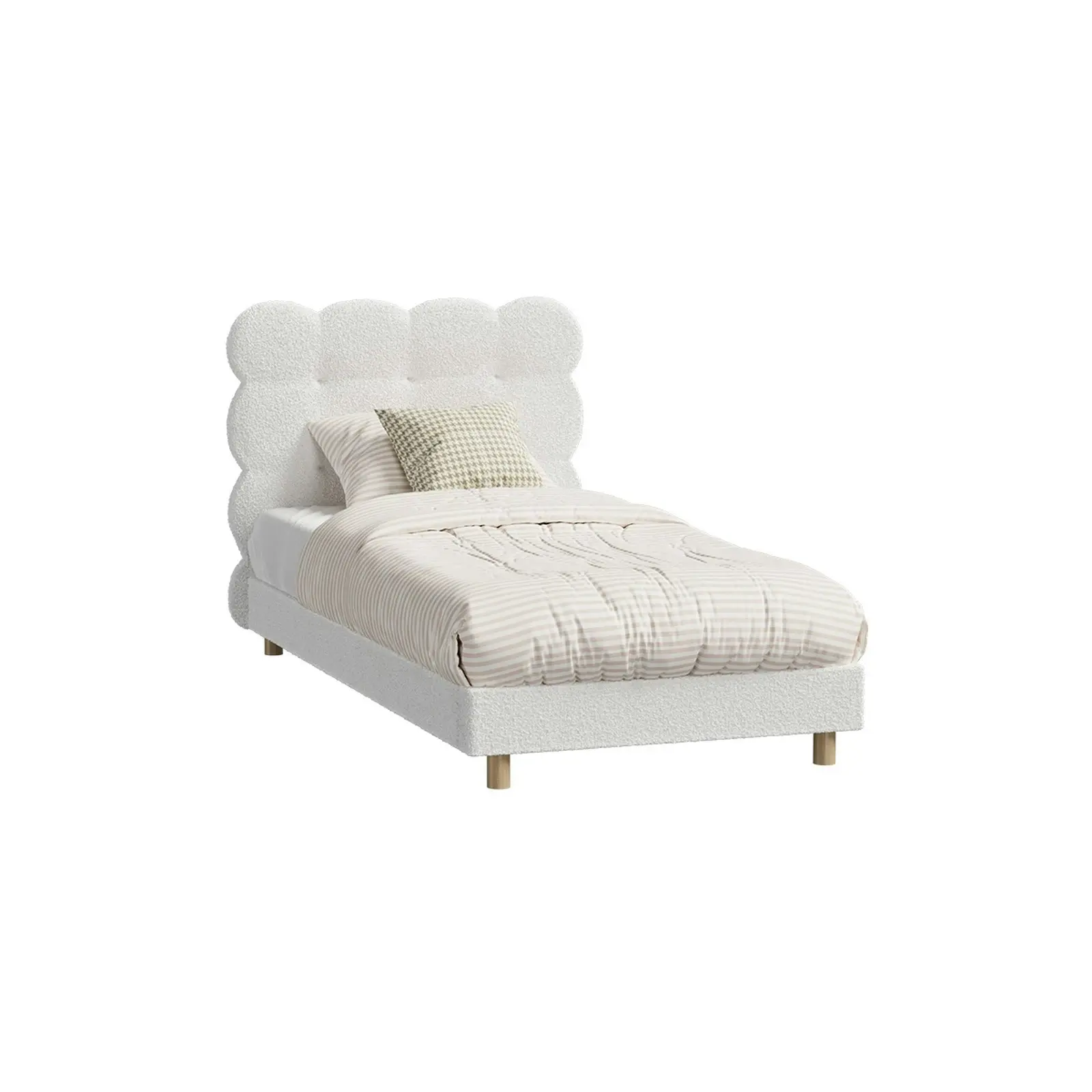 Oikiture Bed Frame Single Size Tufted Bedhead Boucle Fabric White