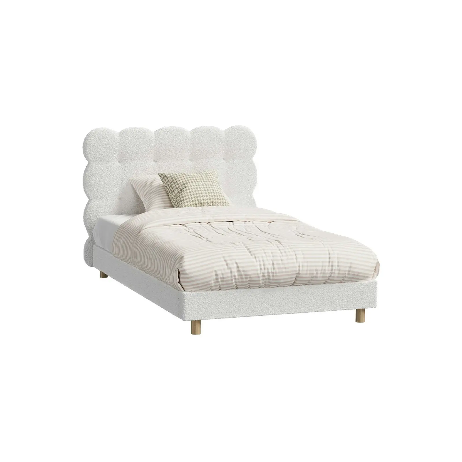 Oikiture Bed Frame King Single Tufted Bedhead Boucle Fabric White