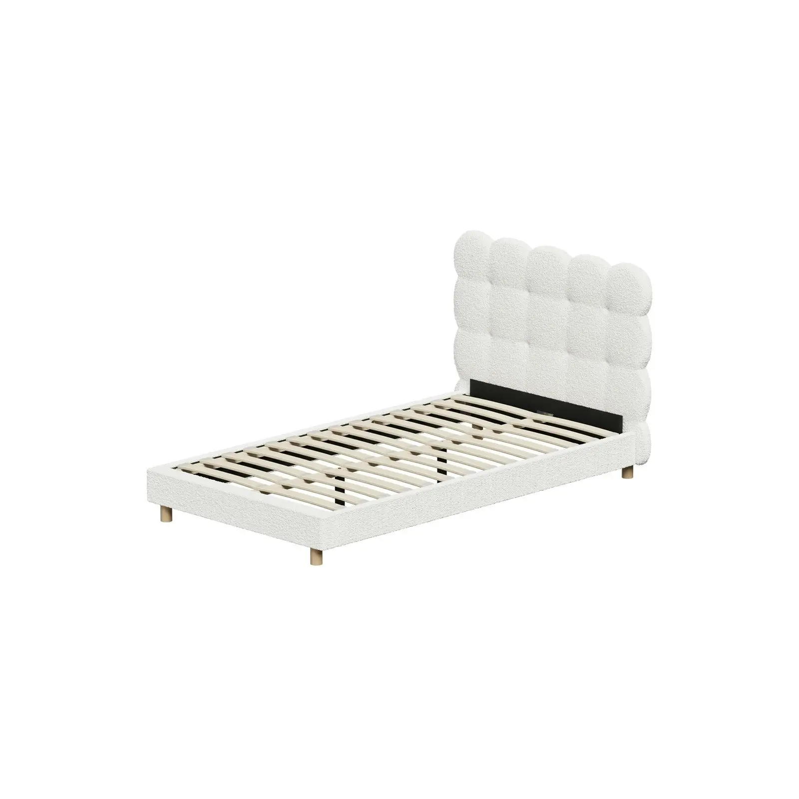 Oikiture Bed Frame King Single Tufted Bedhead Boucle Fabric White