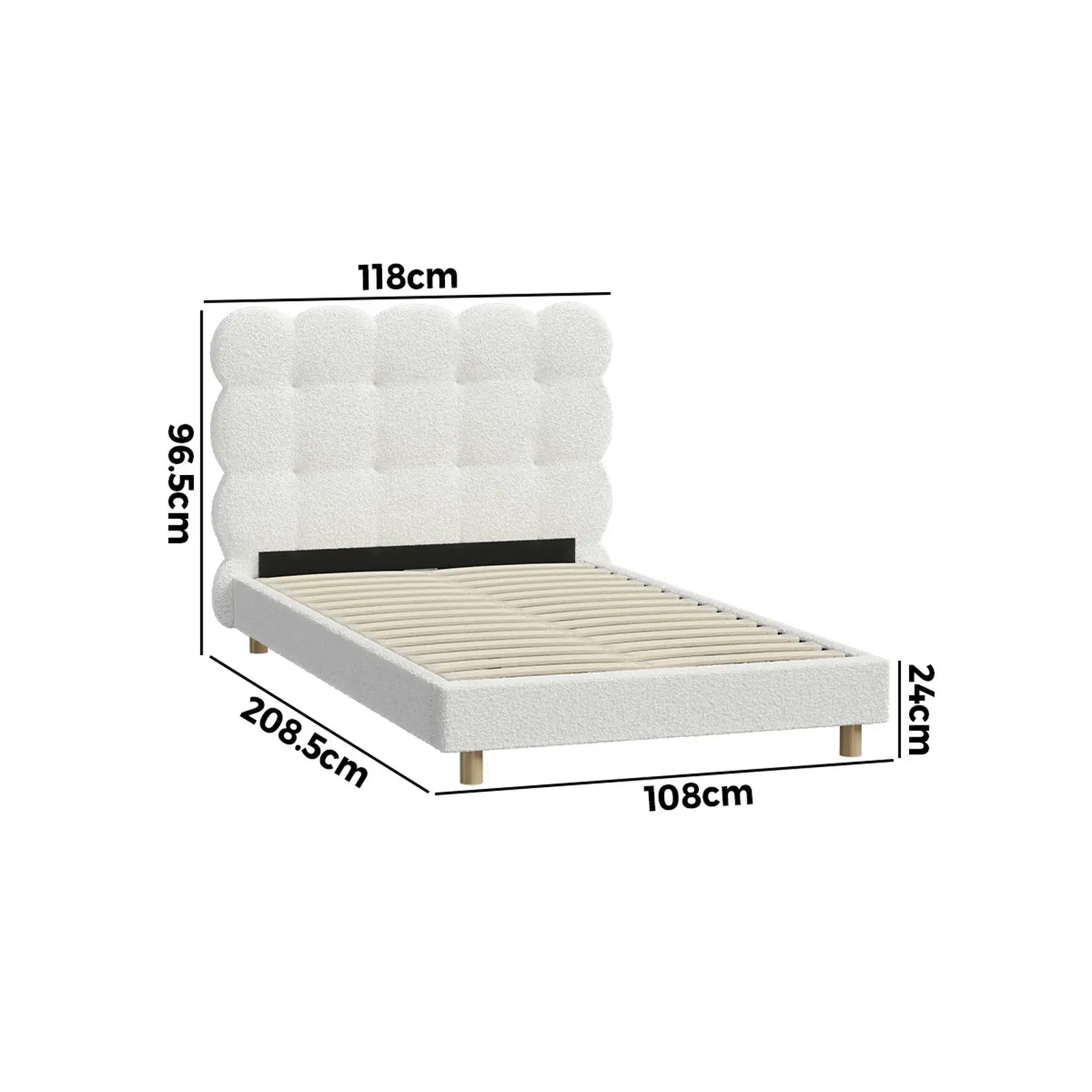 Oikiture Bed Frame King Single Tufted Bedhead Boucle Fabric White