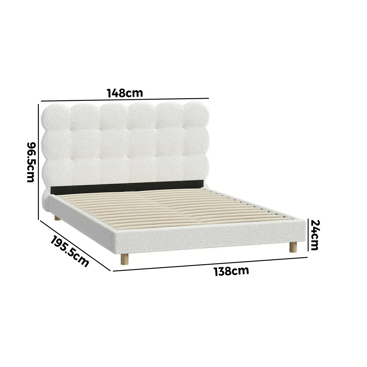 Oikiture Bed Frame Double Size Tufted Bedhead Boucle Fabric White