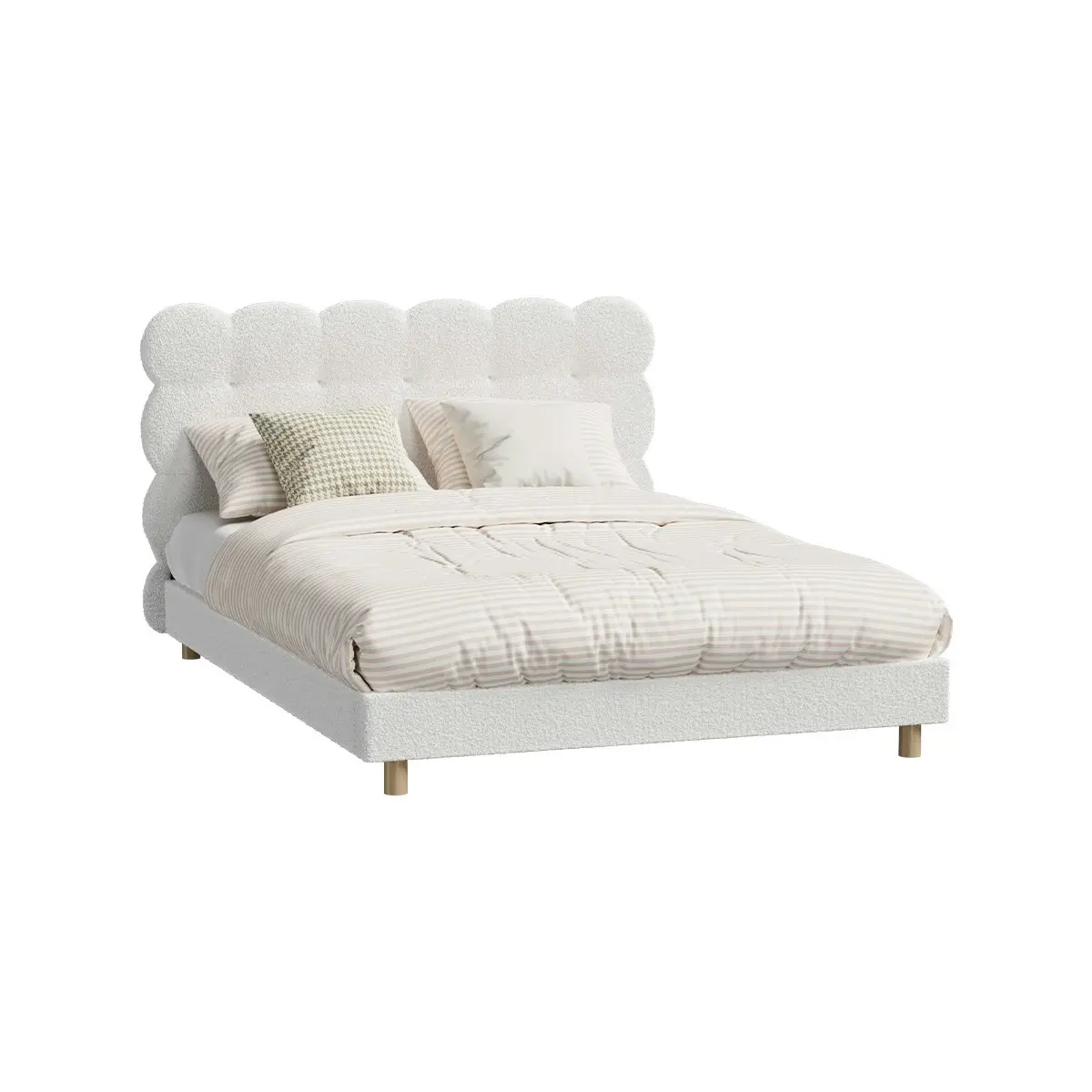 Oikiture Bed Frame Double Size Tufted Bedhead Boucle Fabric White