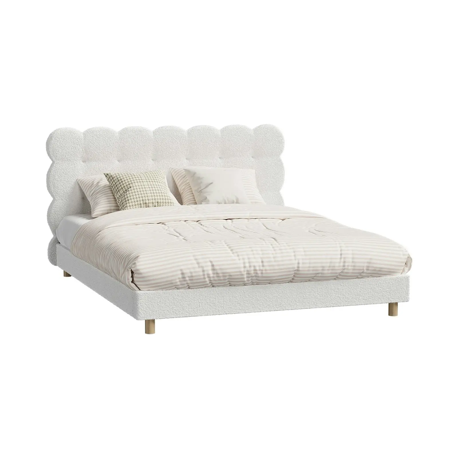 Oikiture Bed Frame Queen Size Tufted Bedhead Boucle Fabric White