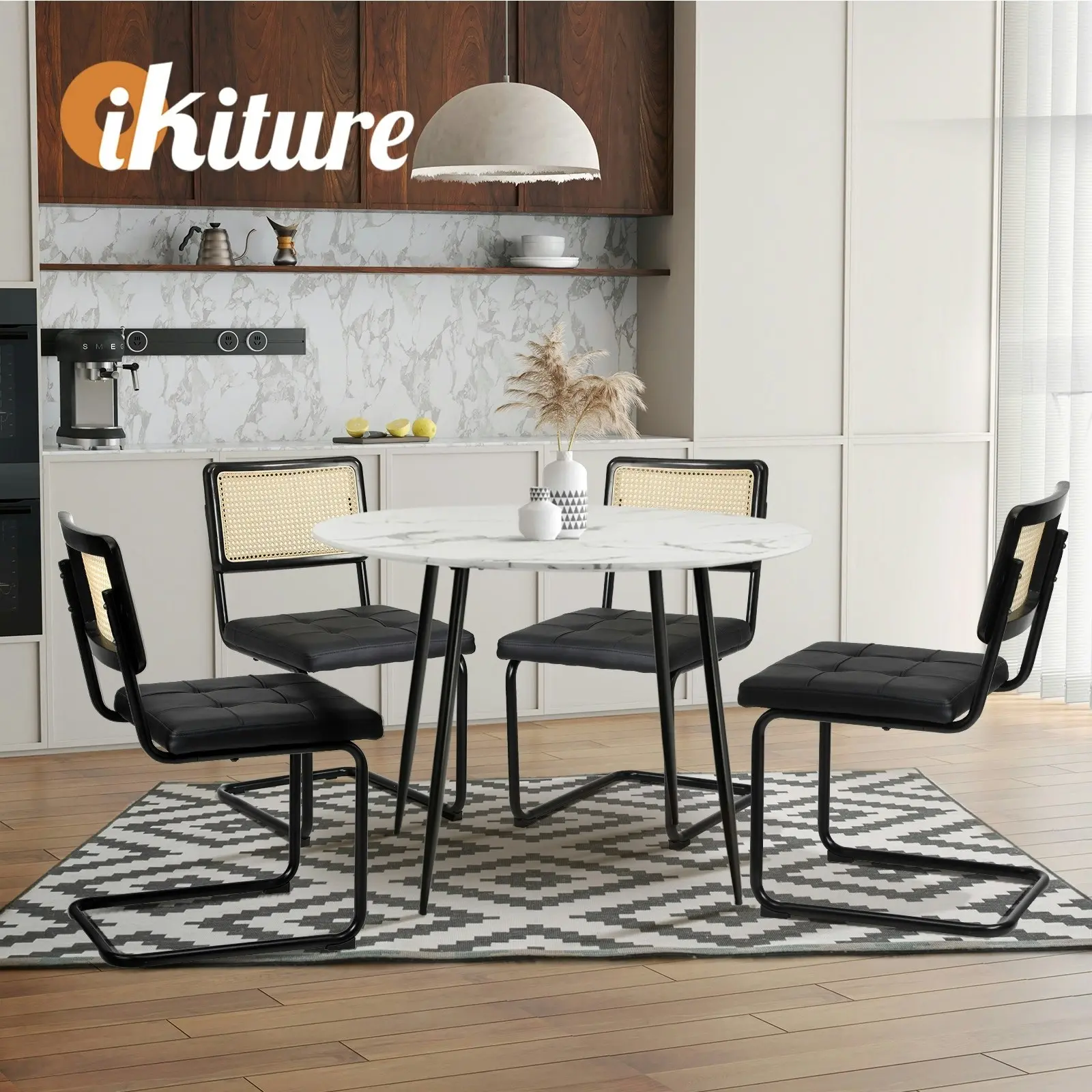 Oikiture 2x Rattan Dining Chair Cesca Replica Cantilever PU Leather Padded Black