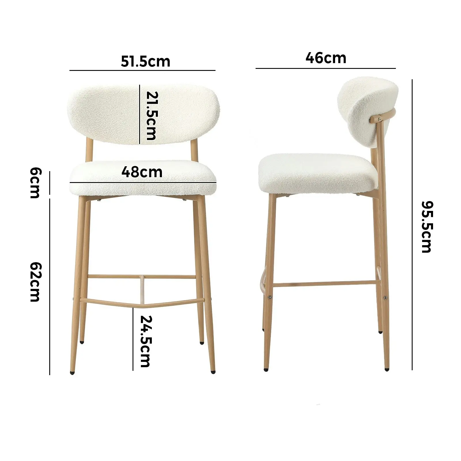 Oikiture 2x Bar Stools Kitchen Stool Counter Chair Boucle Fabric Natural