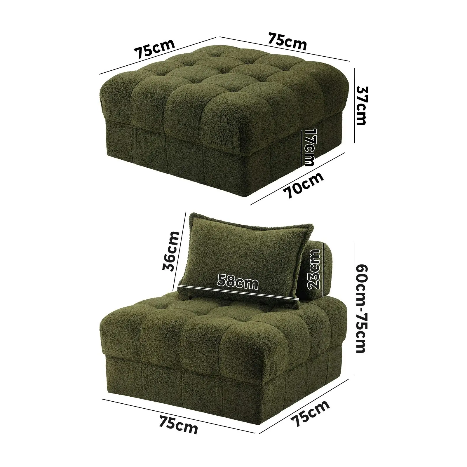 Oikiture 2 Seater Boucle Modular Sofa & Ottoman Set Armless TOFU Back Green