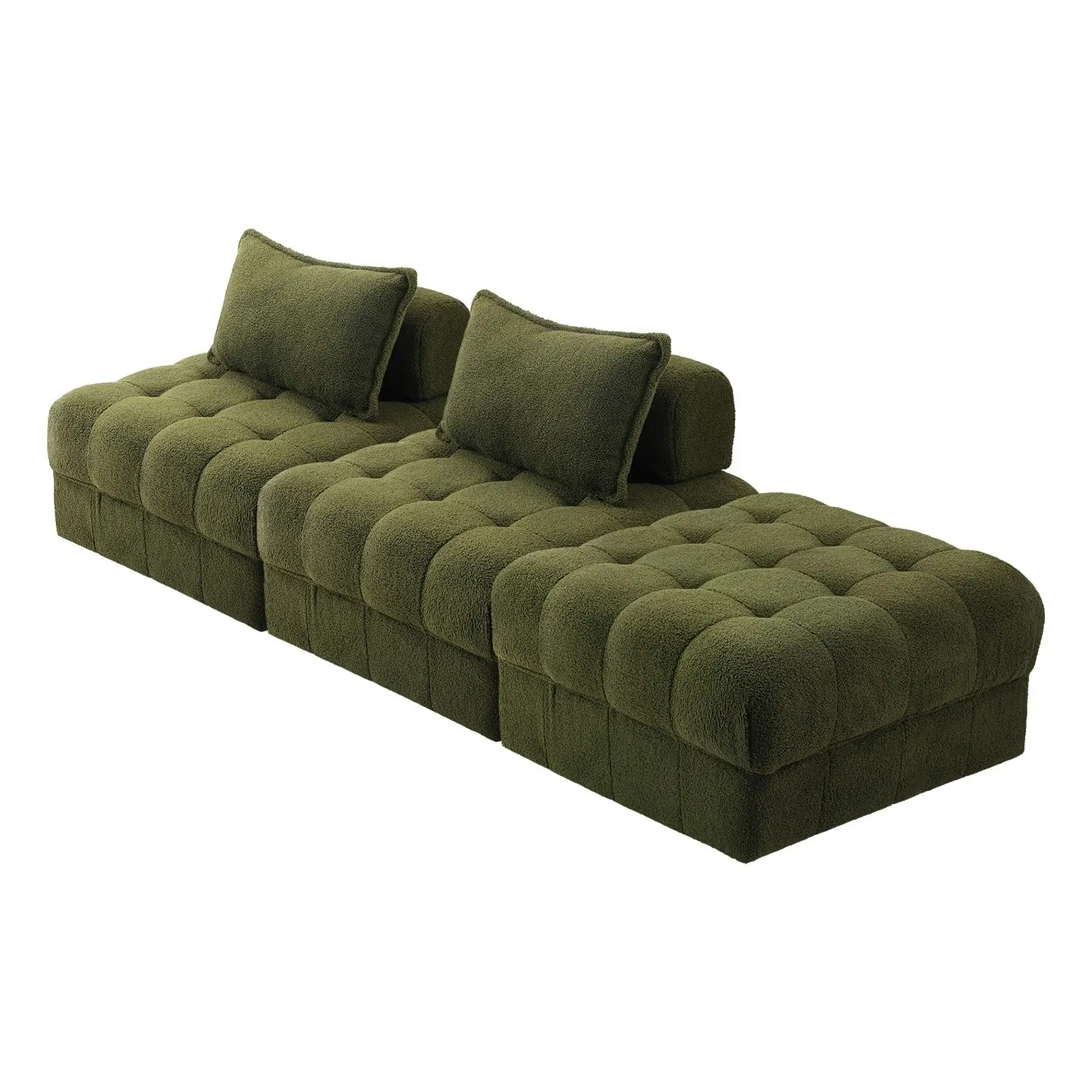 Oikiture 3 Seater Boucle Modular Sofa & Ottoman Set Armless TOFU Back Green