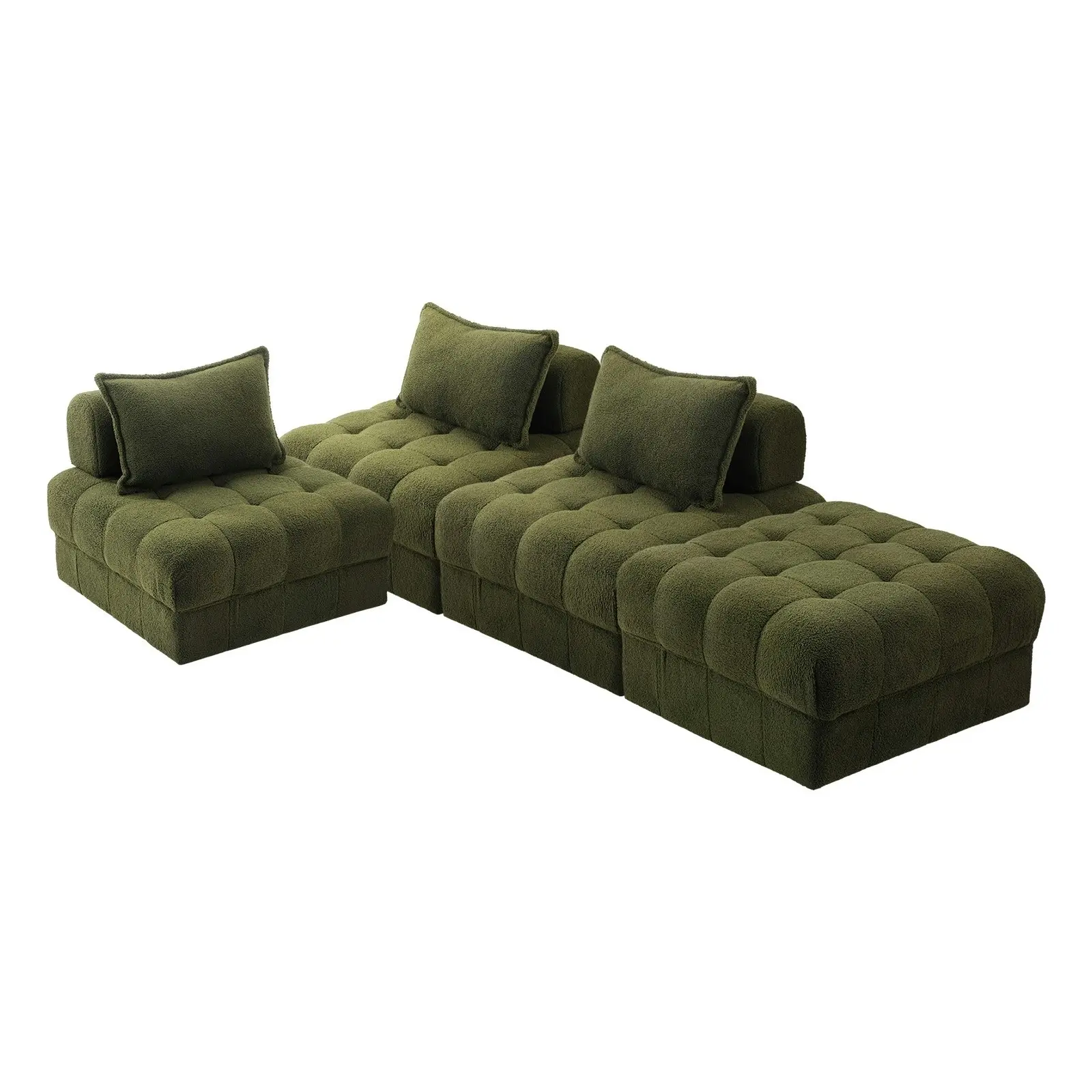 Oikiture 4 Seater Boucle Modular Sofa & Ottoman Set Armless TOFU Back Green