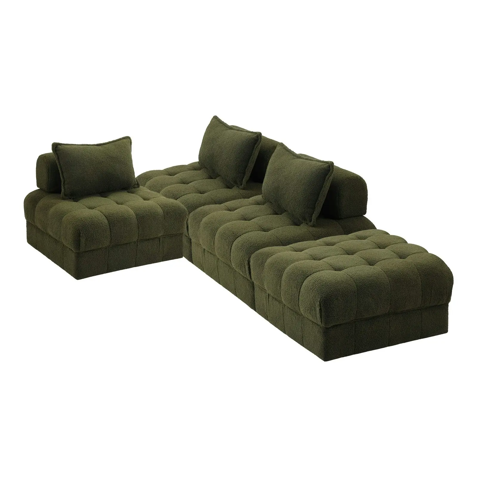 Oikiture 4 Seater Boucle Modular Sofa & Ottoman Set Armless TOFU Back Green