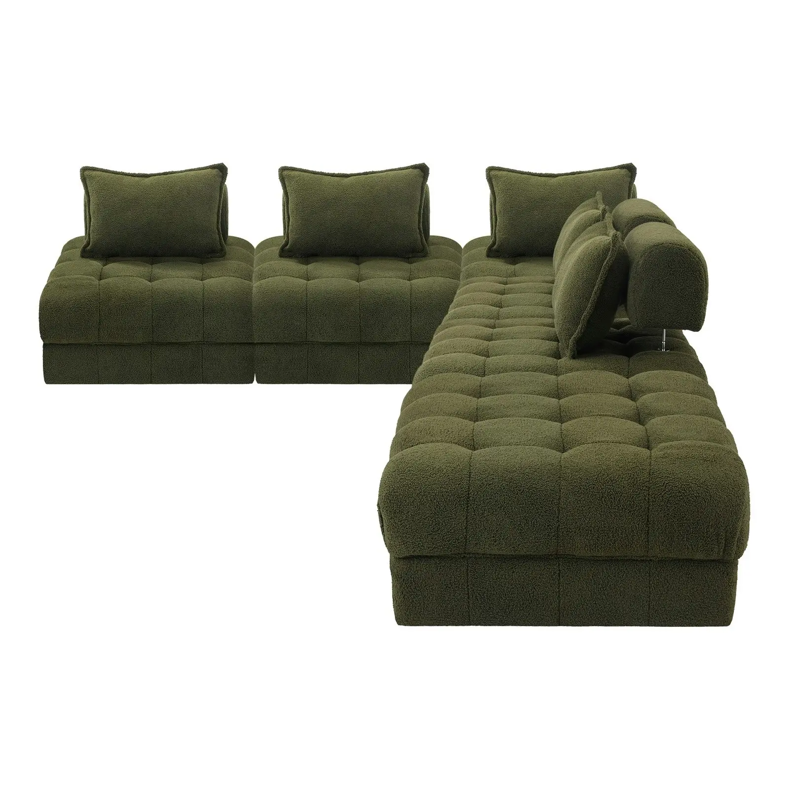 Oikiture 5 Seater Boucle Modular Sofa & Ottoman Set Armless TOFU Back Green