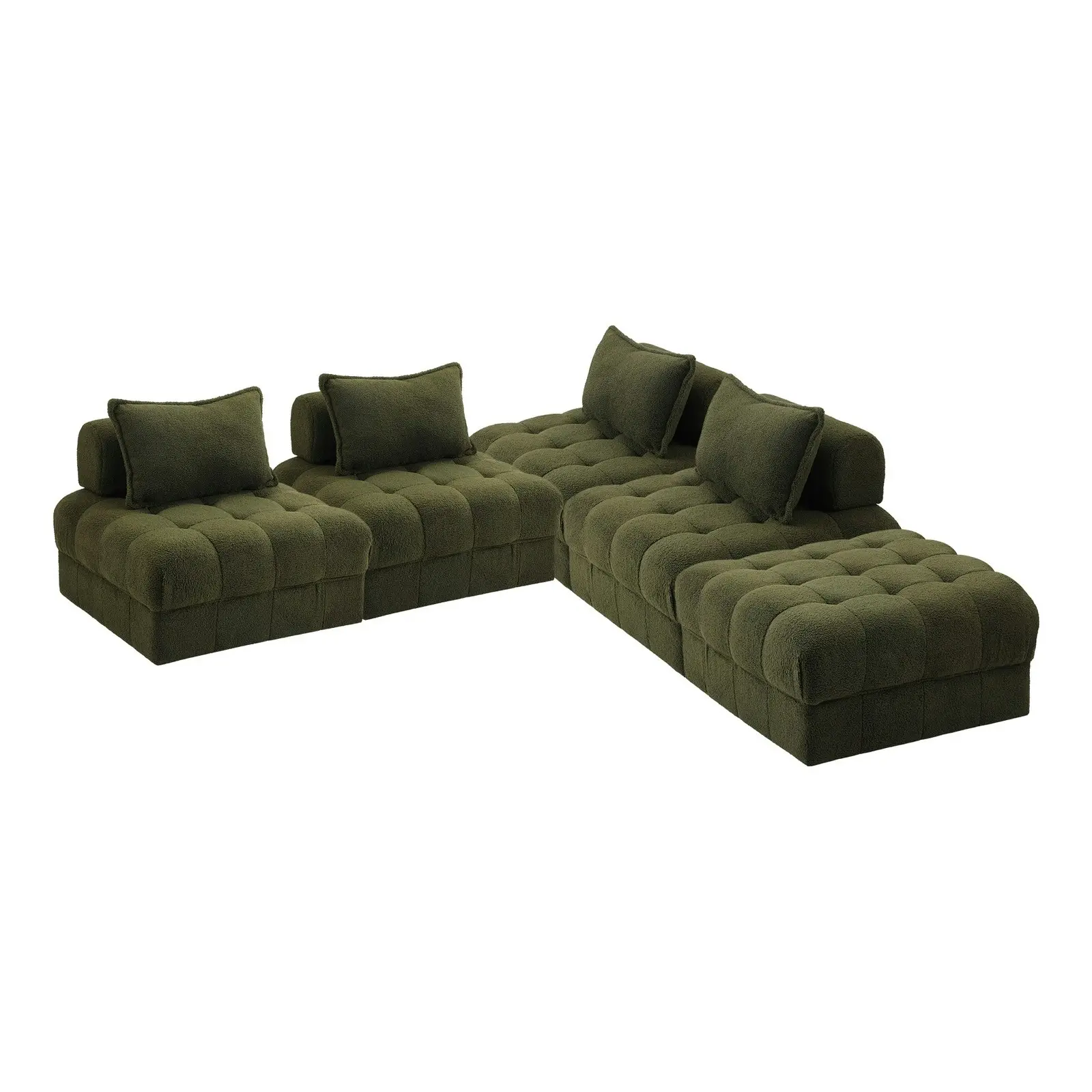 Oikiture 5 Seater Boucle Modular Sofa & Ottoman Set Armless TOFU Back Green