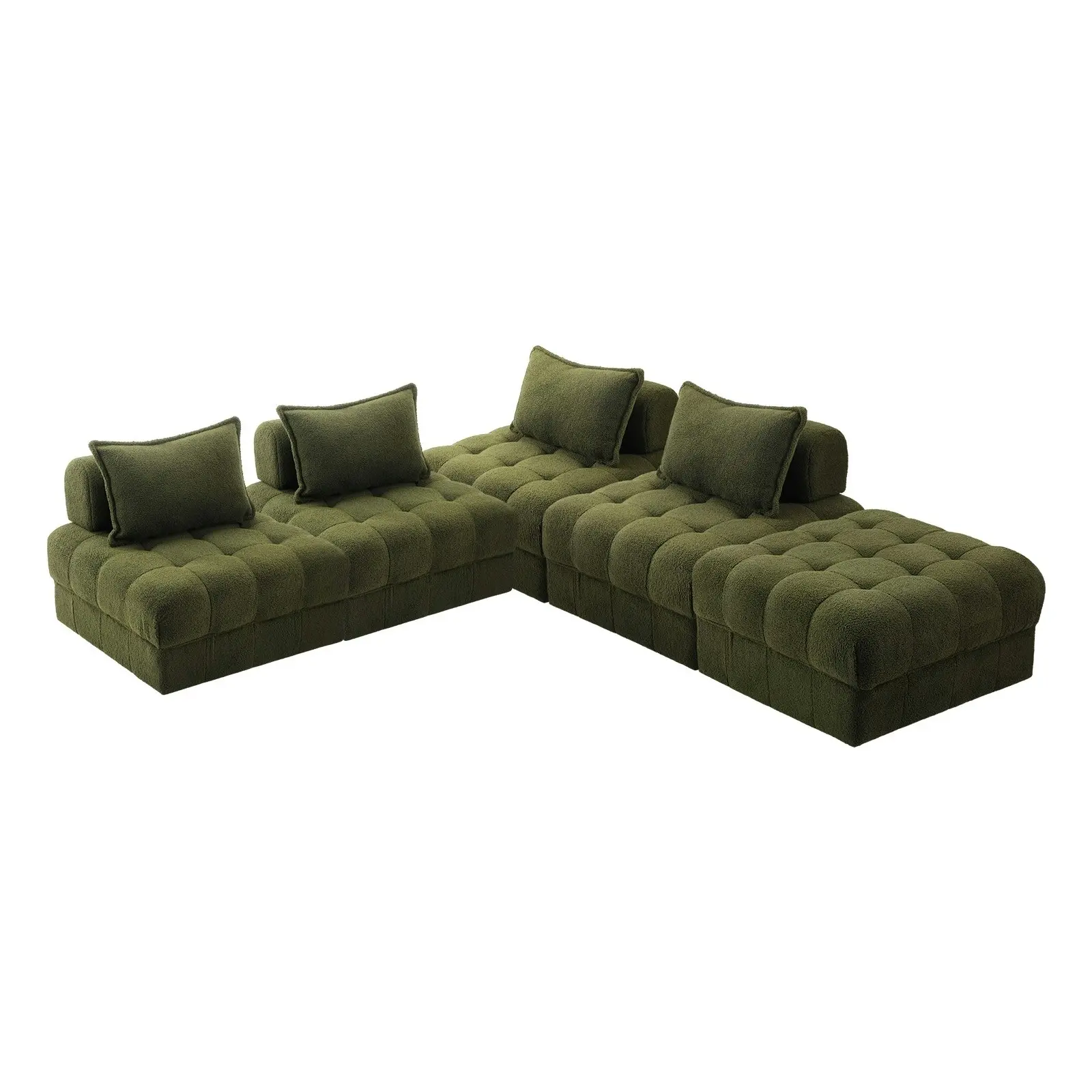 Oikiture 5 Seater Boucle Modular Sofa & Ottoman Set Armless TOFU Back Green