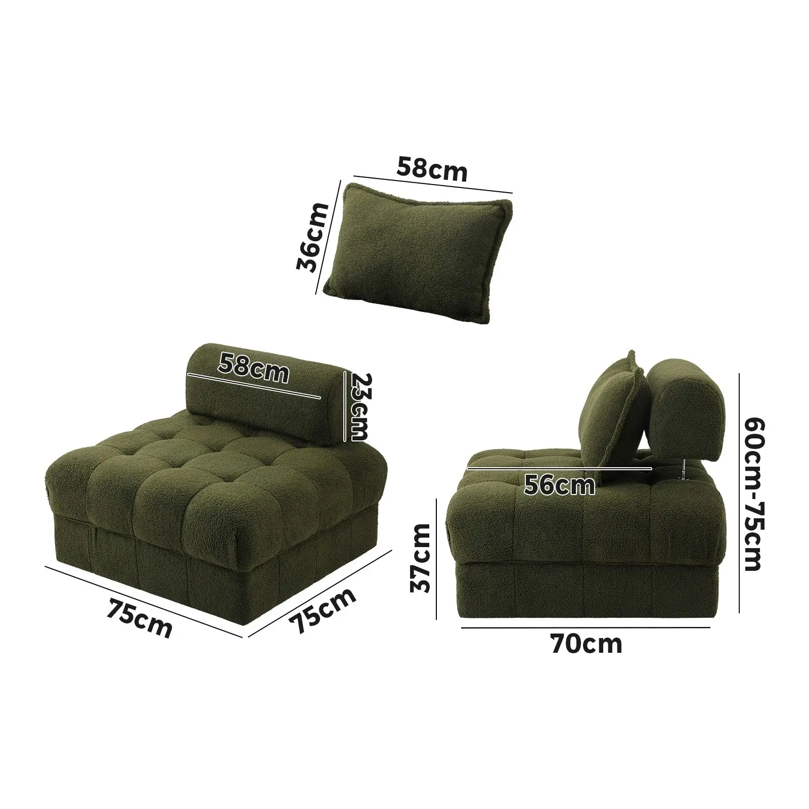 Oikiture 1 Seater Boucle Modular Sofa Lounge Chair Armless TOFU Back Green