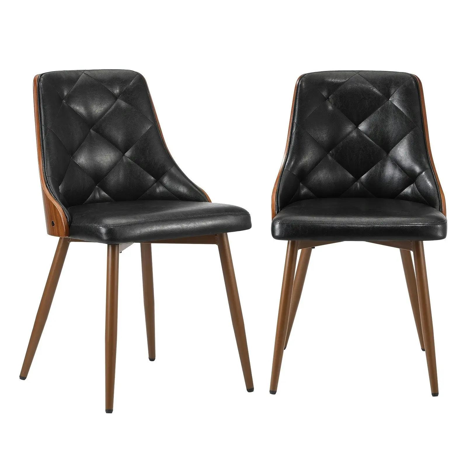 Oikiture Dining Chairs Retro Leather Kitchen Lounge Tufted Glossy x2 Black