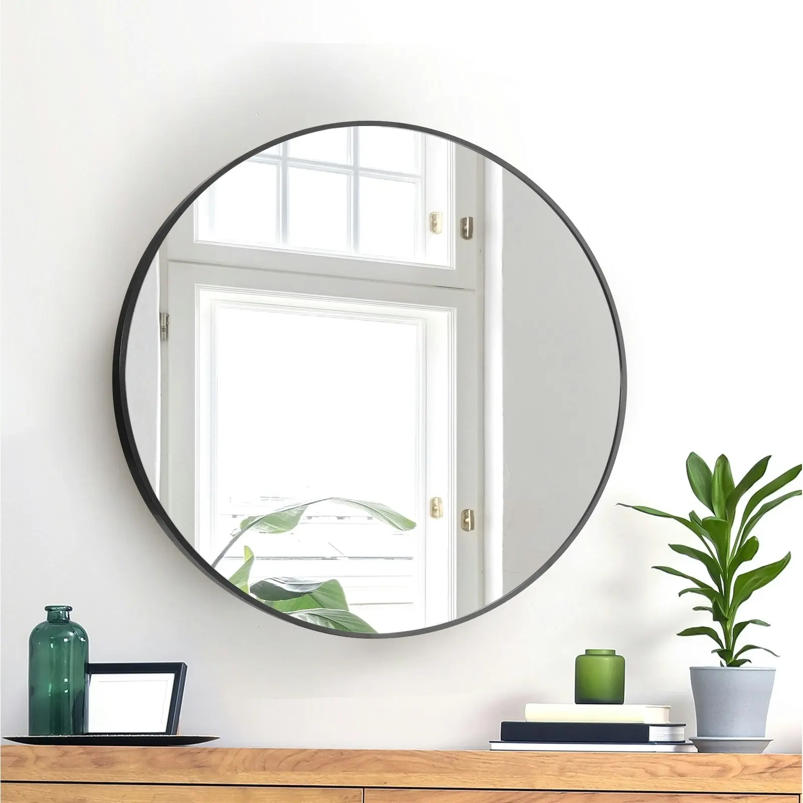 Oikiture Wall Mirrors Round Home Decor 50cm Black Set of 2