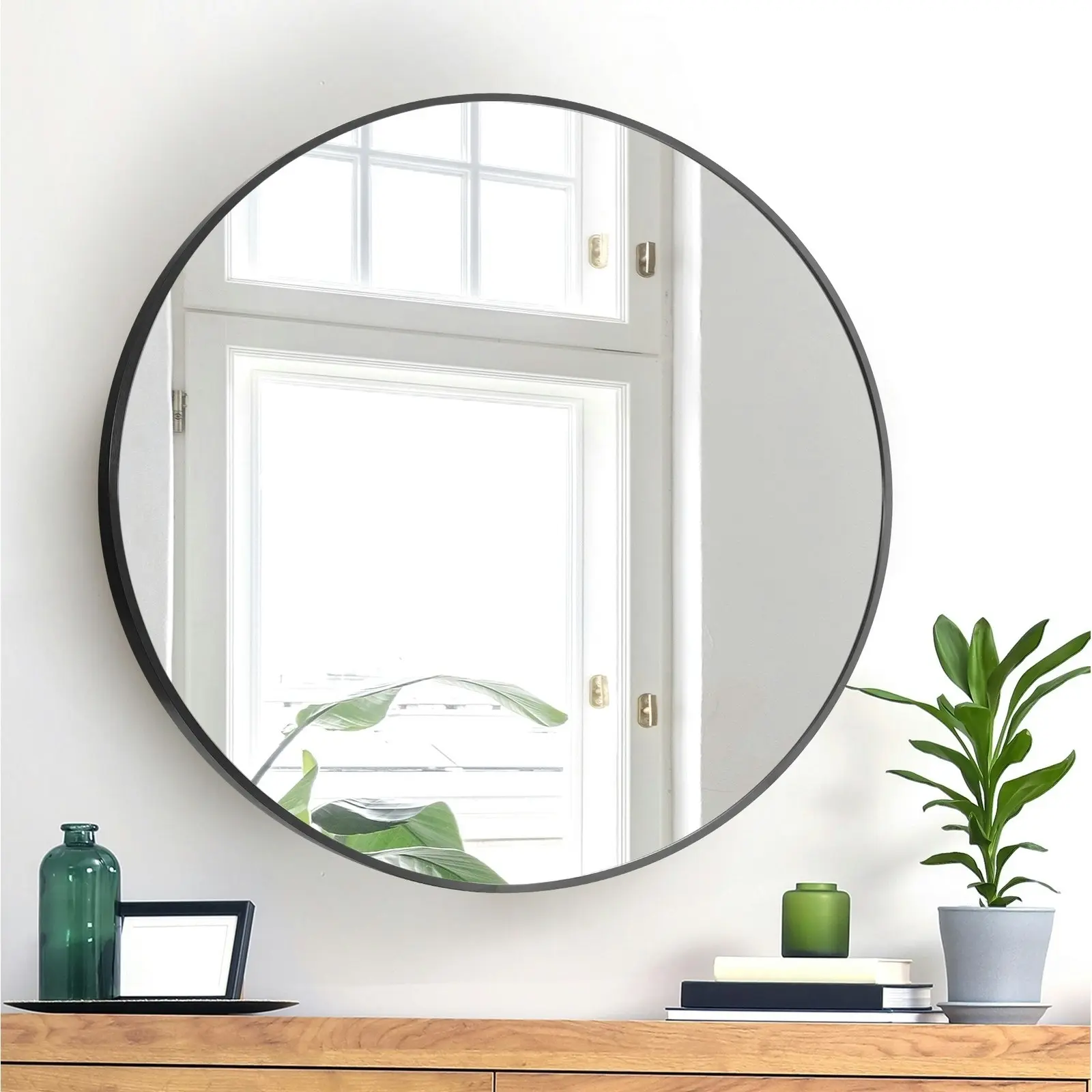 Oikiture Wall Mirrors Round Home Decor 70cm Black Set of 2