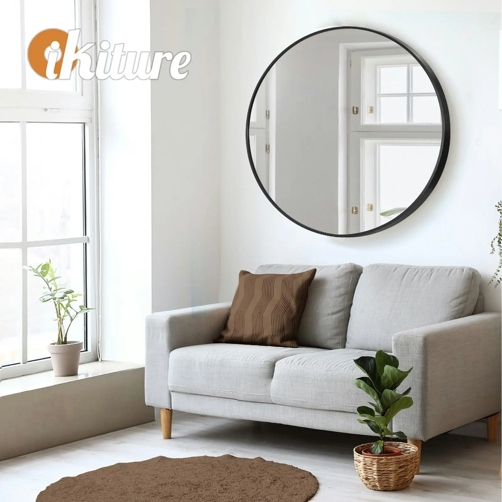 Oikiture Wall Mirrors Round Home Decor 80cm Black Set of 2