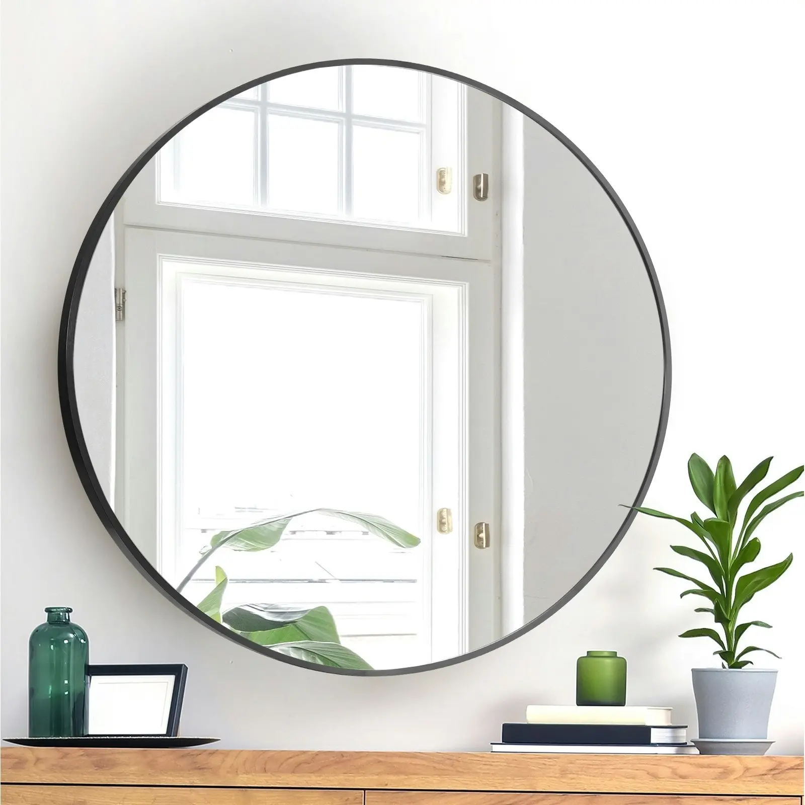 Oikiture Wall Mirrors Round Home Decor 80cm Black Set of 2