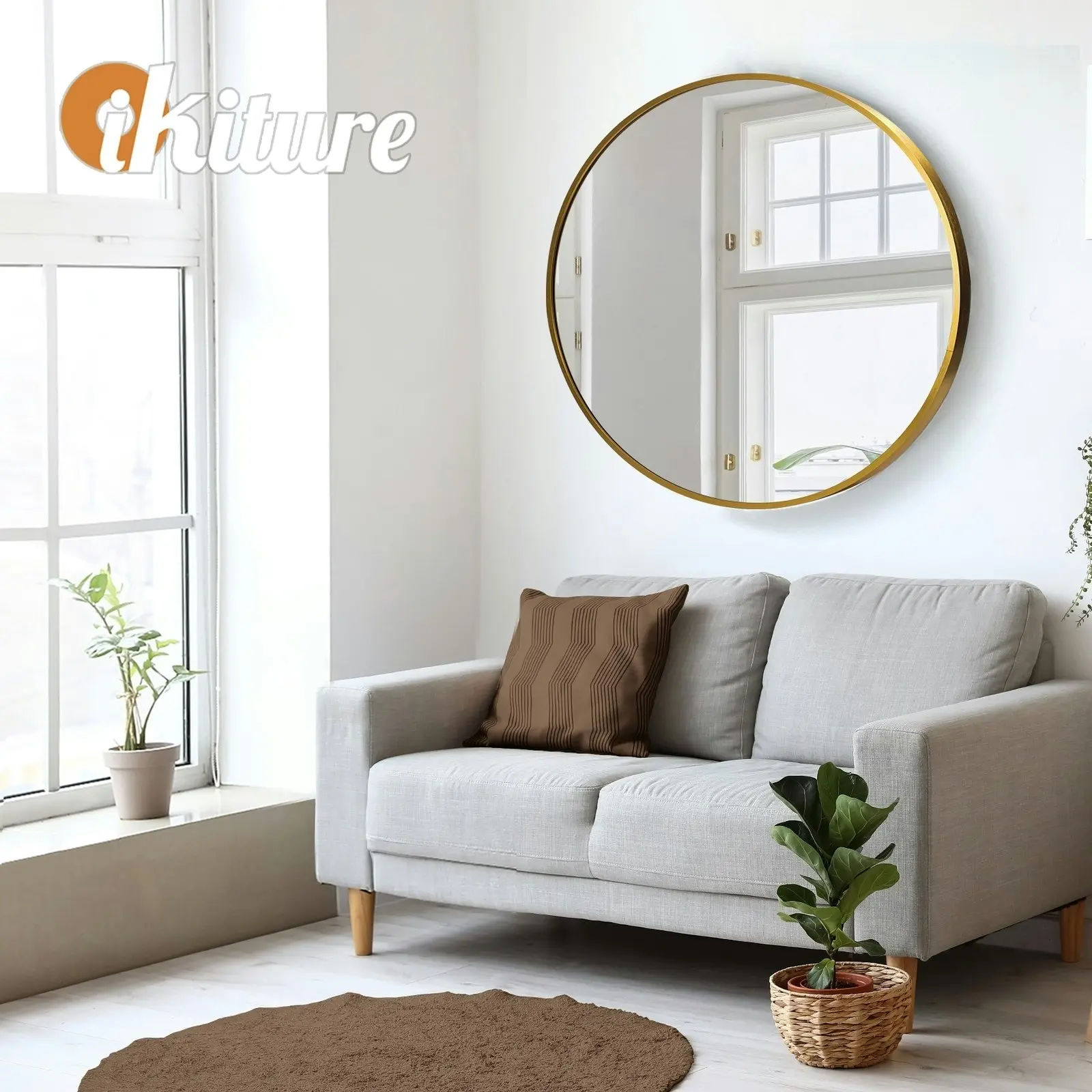 Oikiture Wall Mirrors Round Home Decor 70cm Gold Set of 2