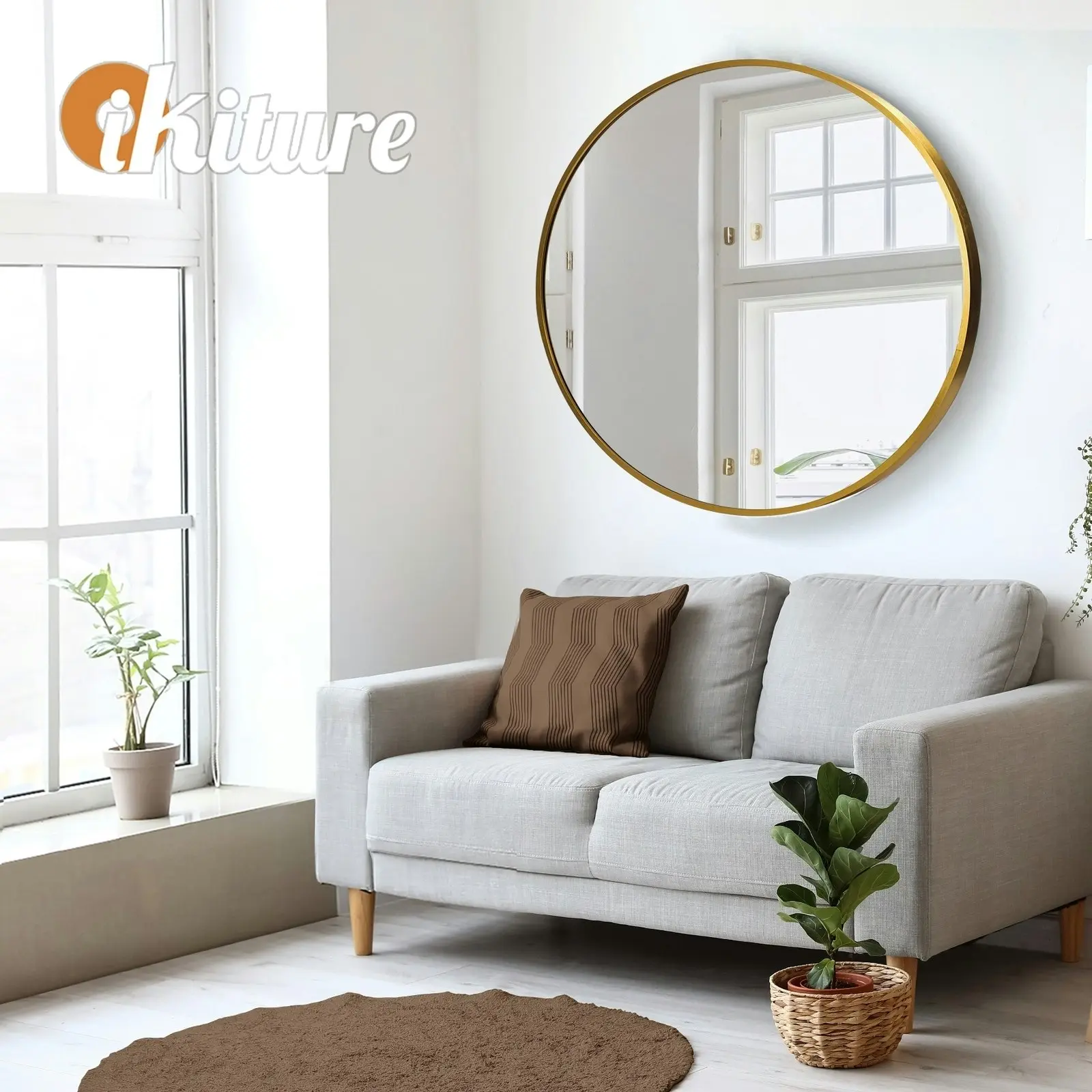 Oikiture Wall Mirrors Round Home Decor 80cm Gold Set of 2