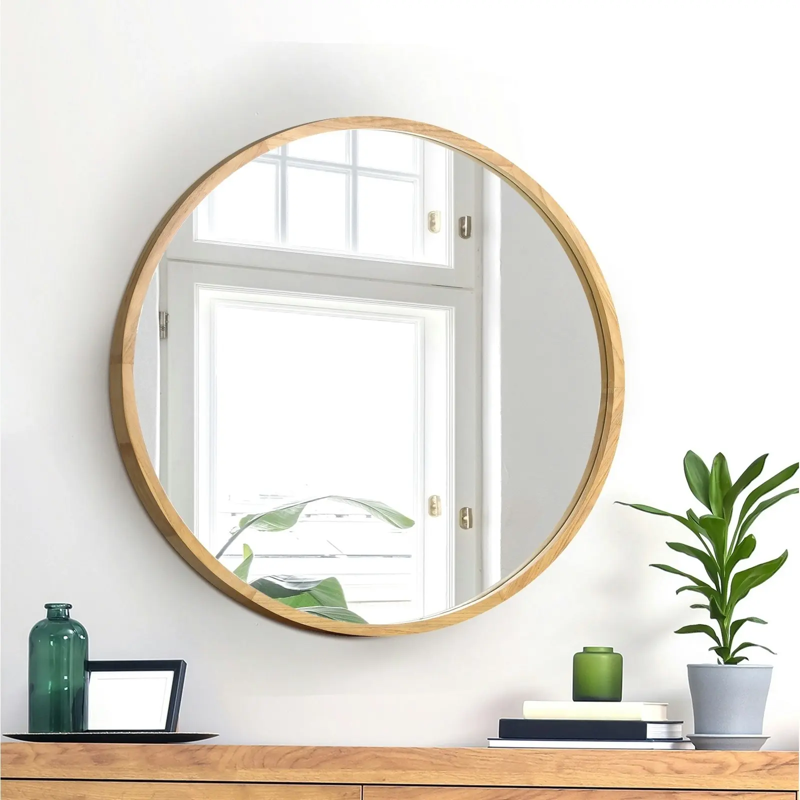 Oikiture Wall Mirrors Round Home Decor 50cm Wooden Set of 2