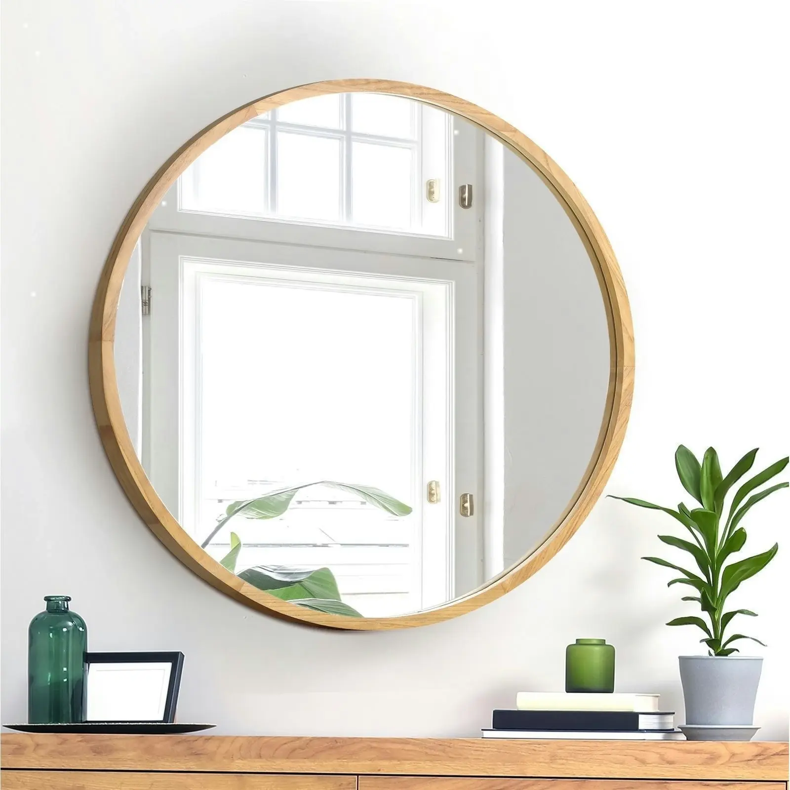 Oikiture Wall Mirrors Round Home Decor 60cm Wooden Set of 2