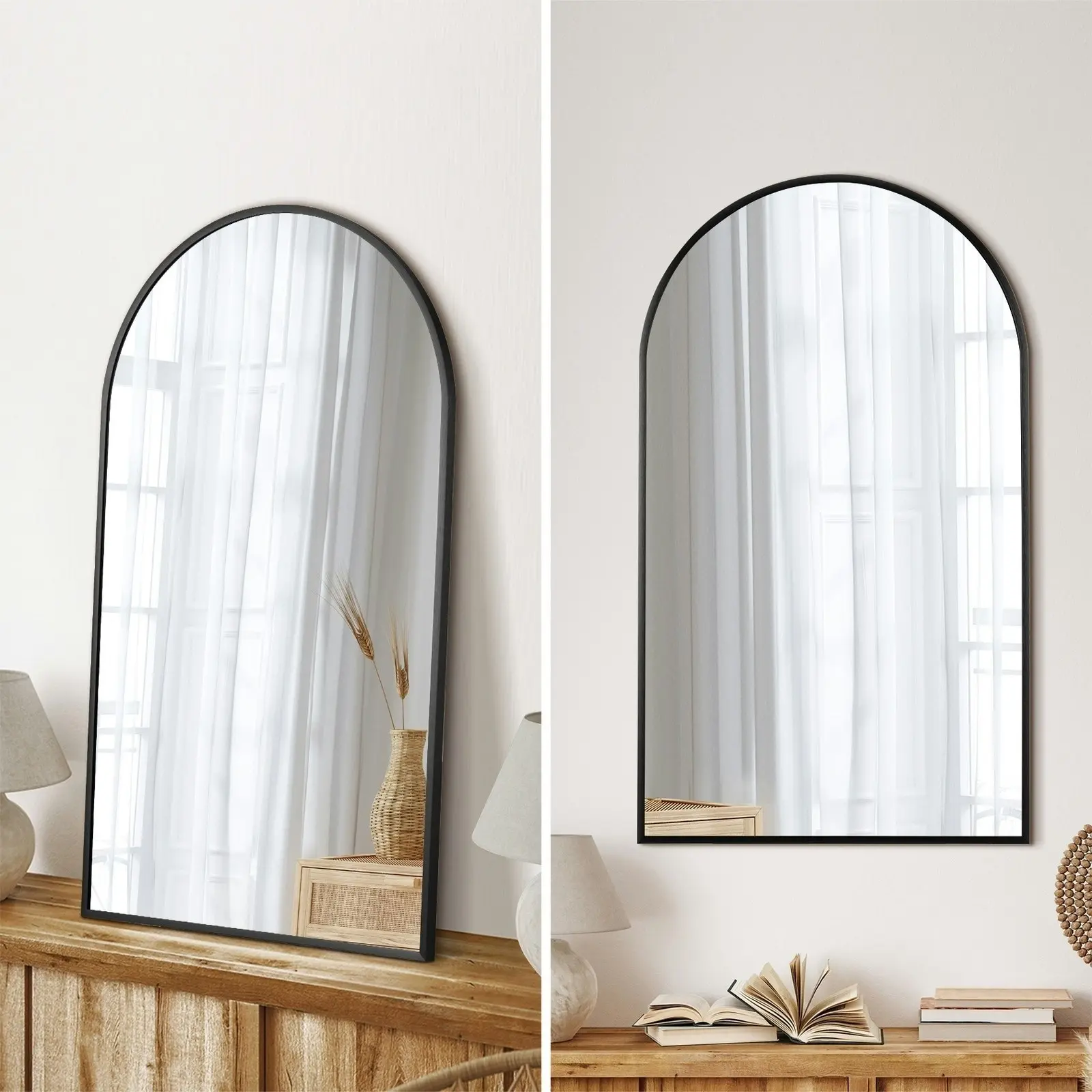 Oikiture Wall Mirrors 86x50cm Arched Home Decor Black Set of 2